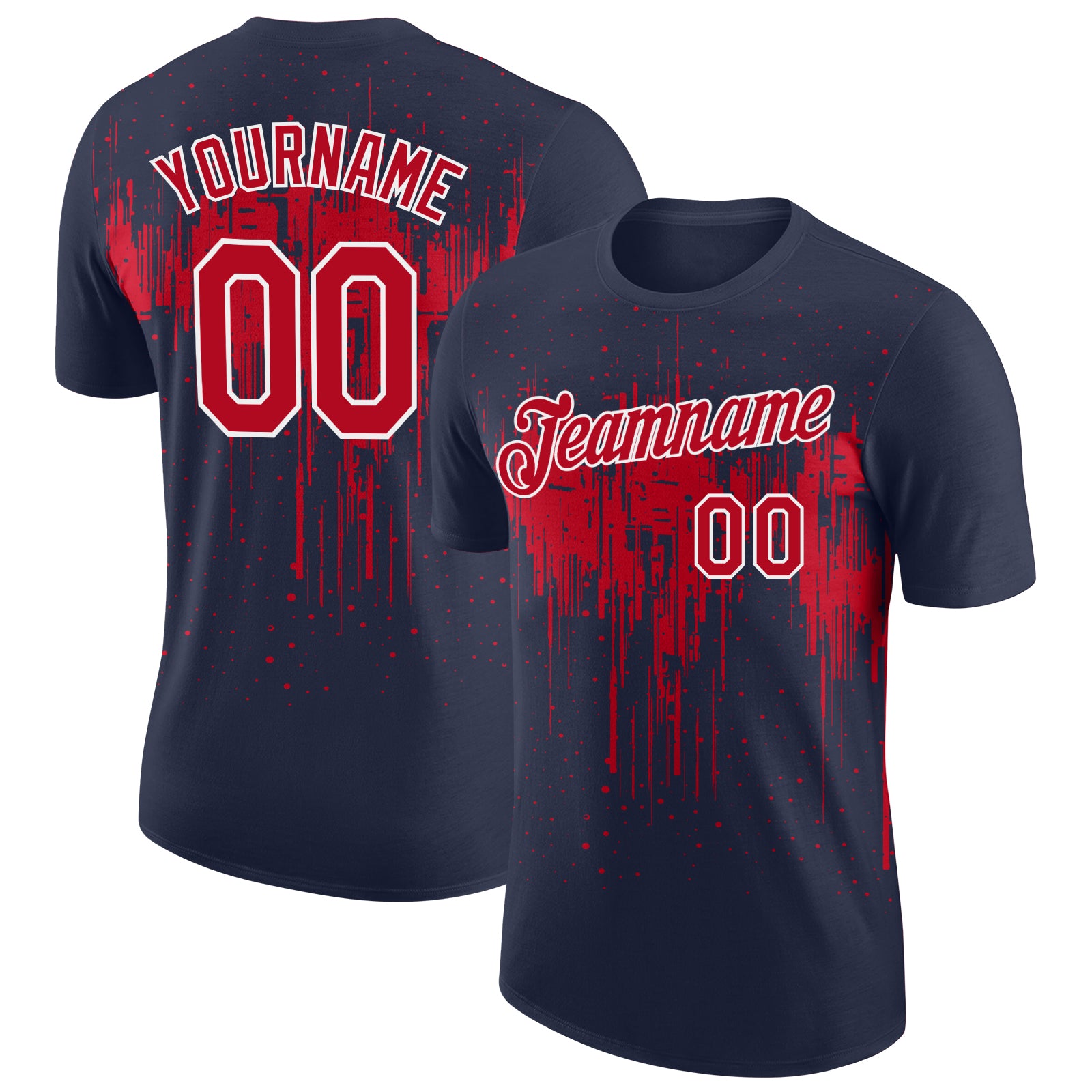 Custom Navy Red-White Dripping Splatter Paint Performance T-Shirt