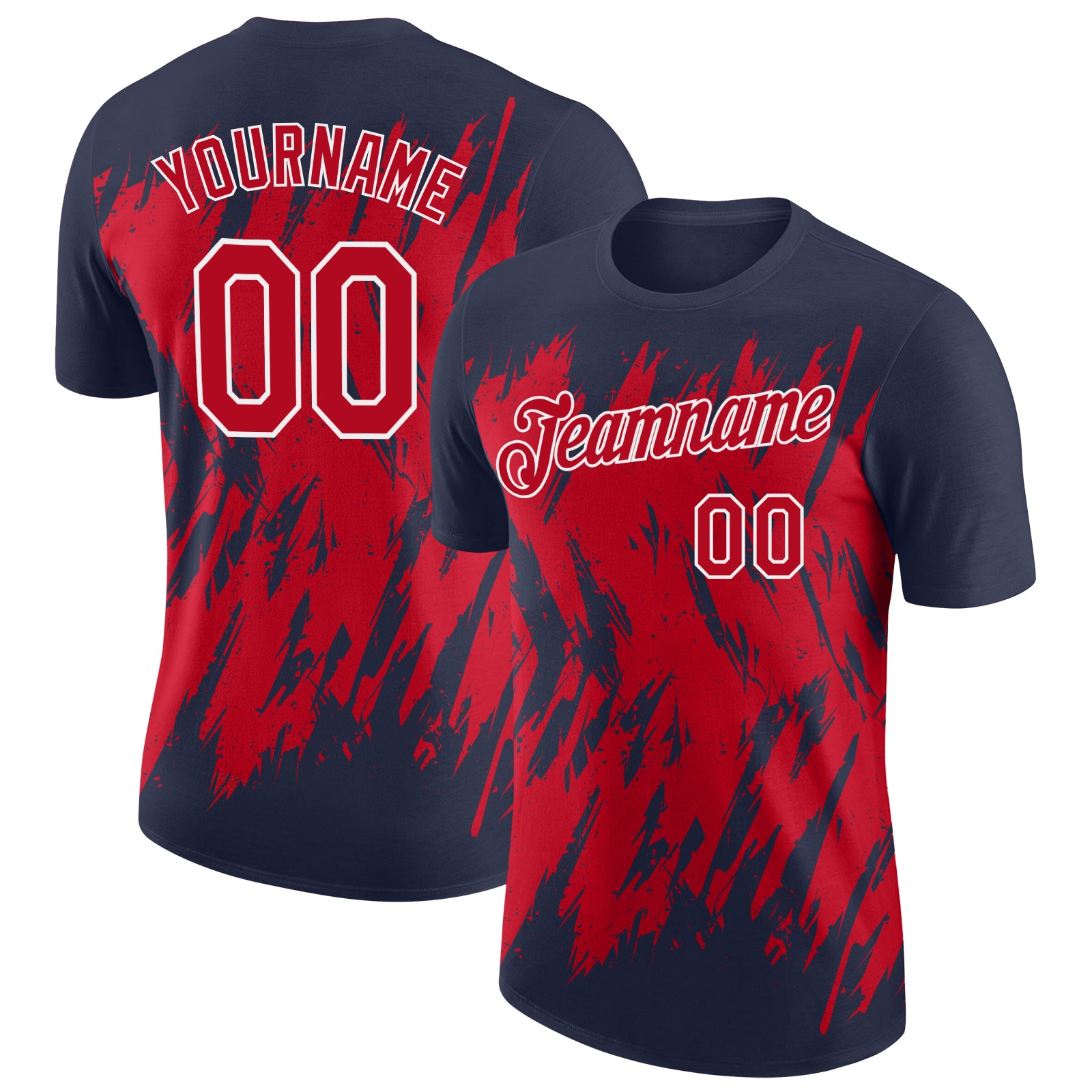 Custom Navy Red-White Torn Sharp Brush Stroke Splatter Performance T-Shirt