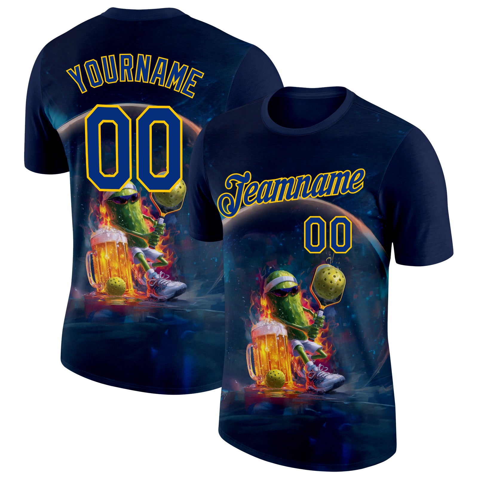 Custom Navy Royal-Yellow 3D Funny Pickleball Paddles Balls Beer Performance T-Shirt