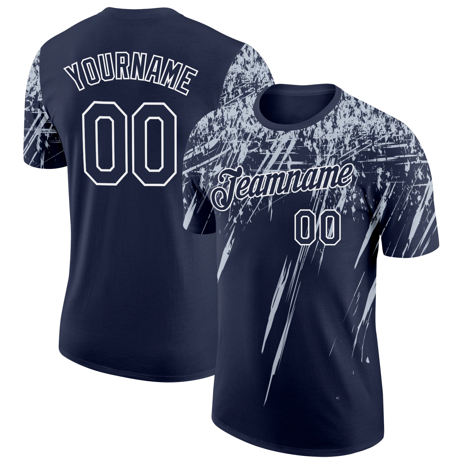 Custom Navy Silver-White Distressed Scratch Brush Stroke Performance T-Shirt