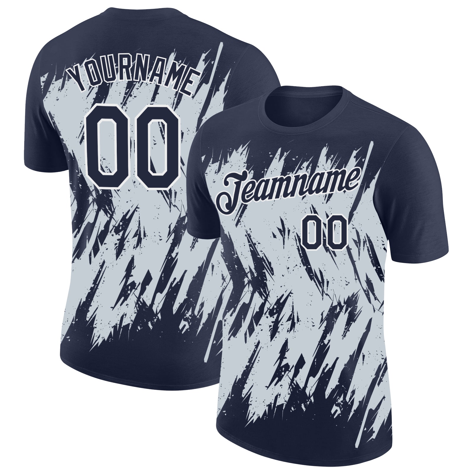 Custom Navy Silver-White Torn Sharp Brush Stroke Splatter Performance T-Shirt