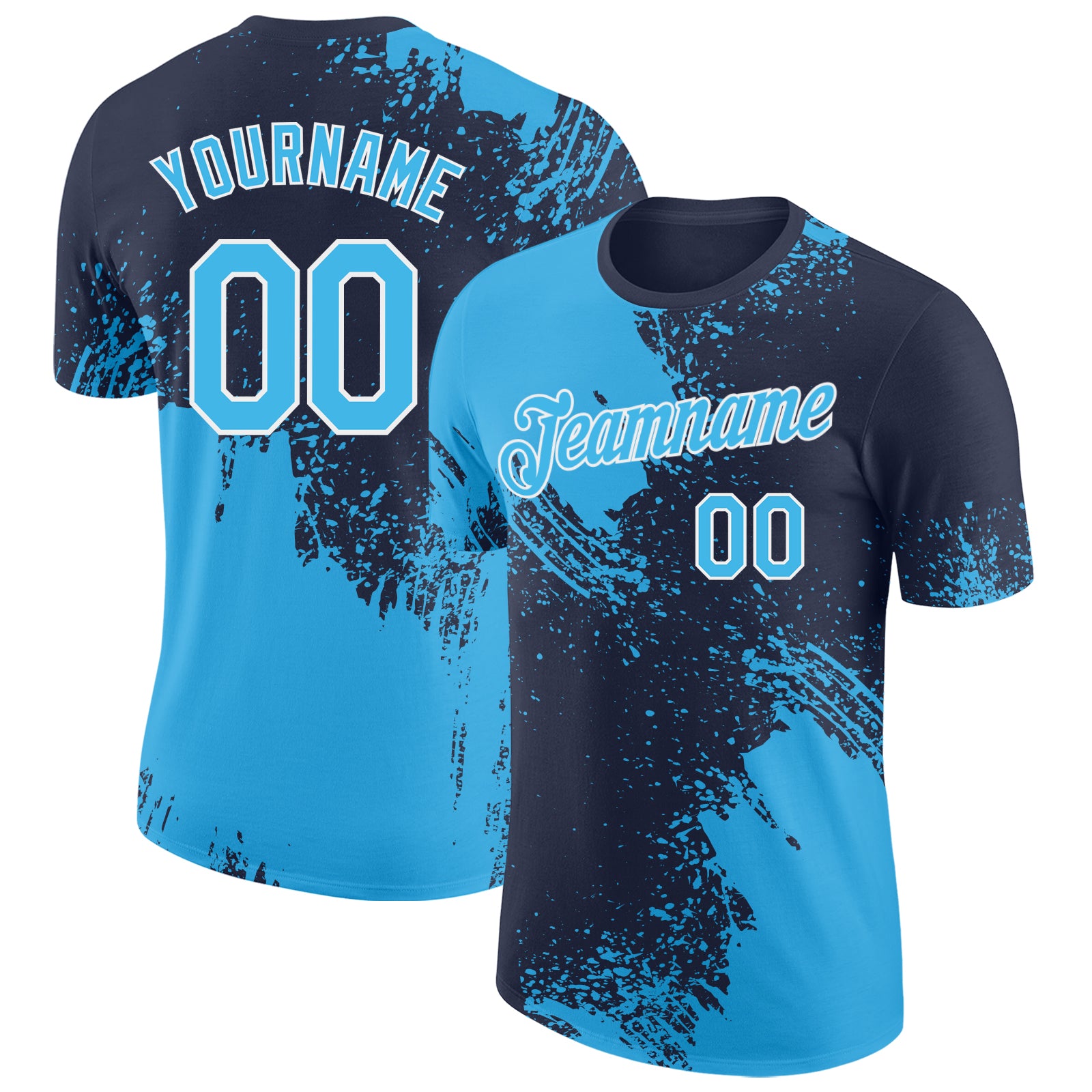 Custom Navy Sky Blue-White Abstract Brush Stroke Performance T-Shirt