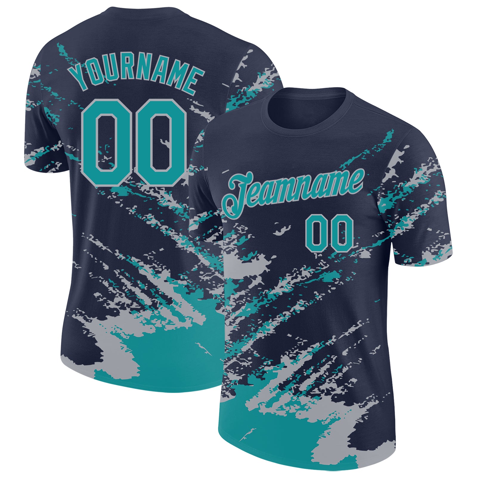 Custom Navy Teal-Gray Brush Stroke Shatter Splatter Performance T-Shirt