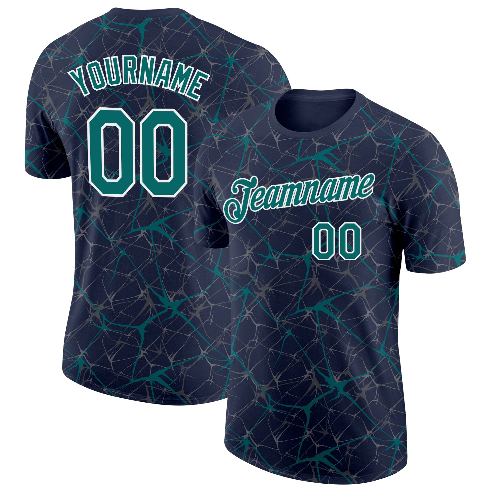Custom Navy Teal Gray-White Abstract Network Crackle Performance T-Shirt
