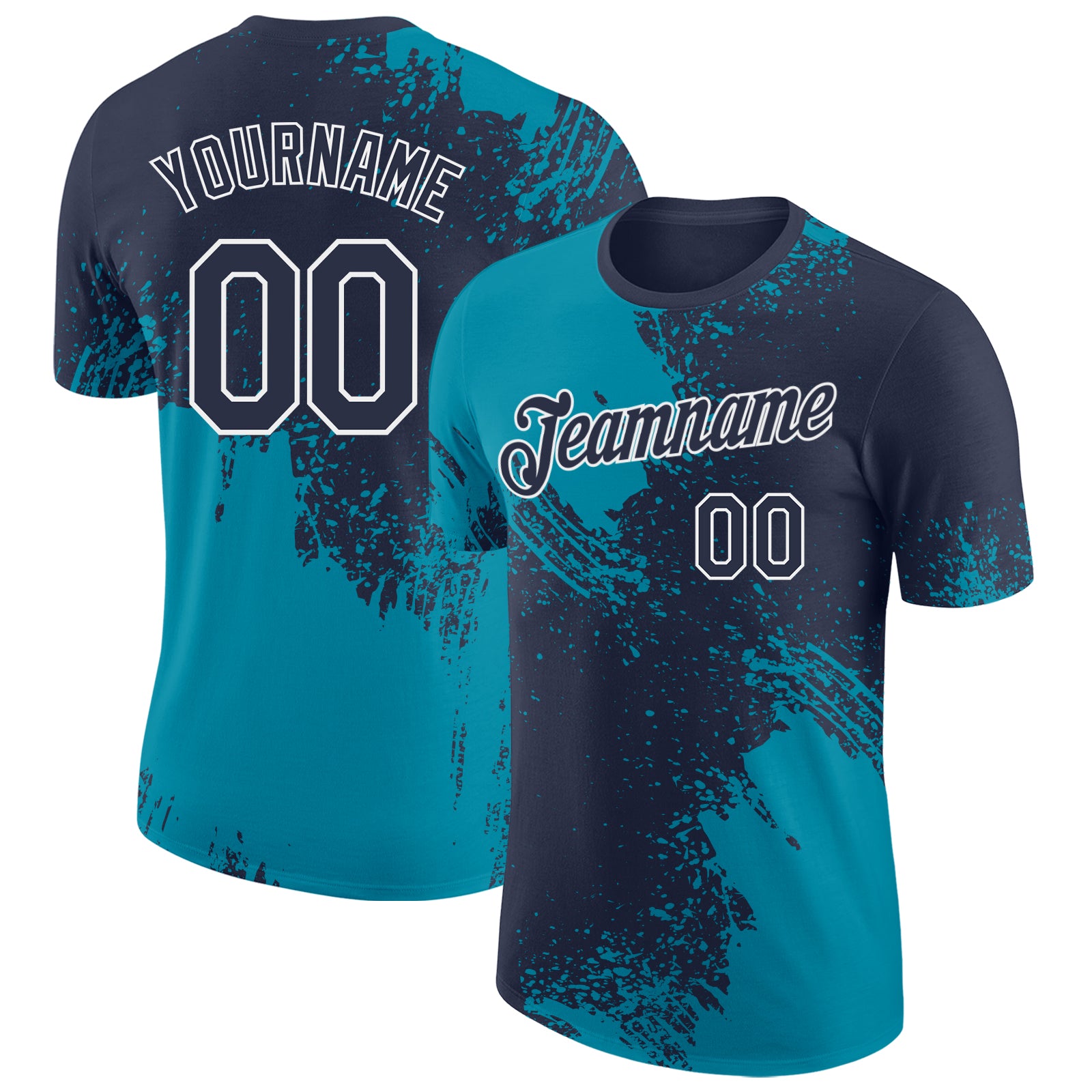 Custom Navy Teal-White Abstract Brush Stroke Performance T-Shirt
