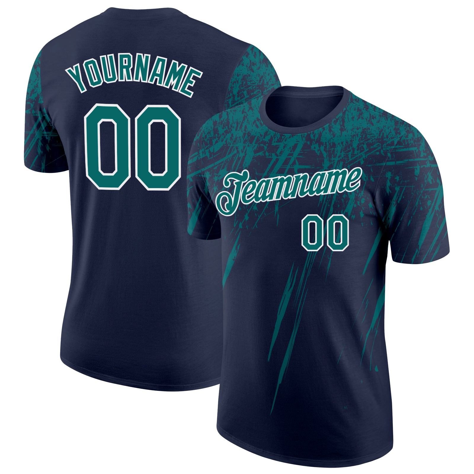Custom Navy Teal-White Distressed Scratch Brush Stroke Performance T-Shirt