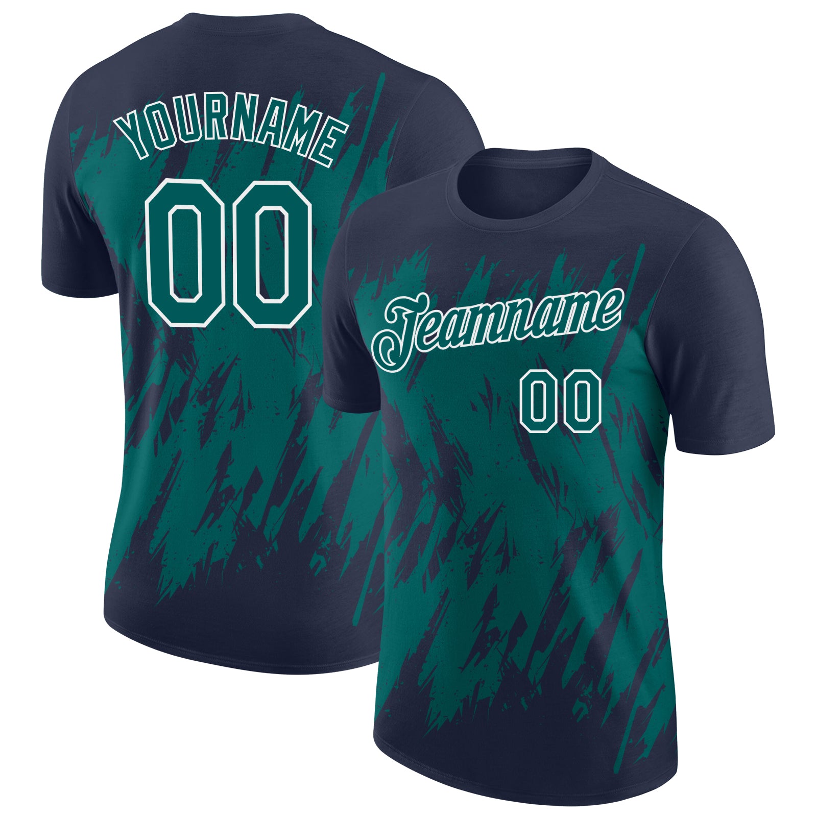 Custom Navy Teal-White Torn Sharp Brush Stroke Splatter Performance T-Shirt