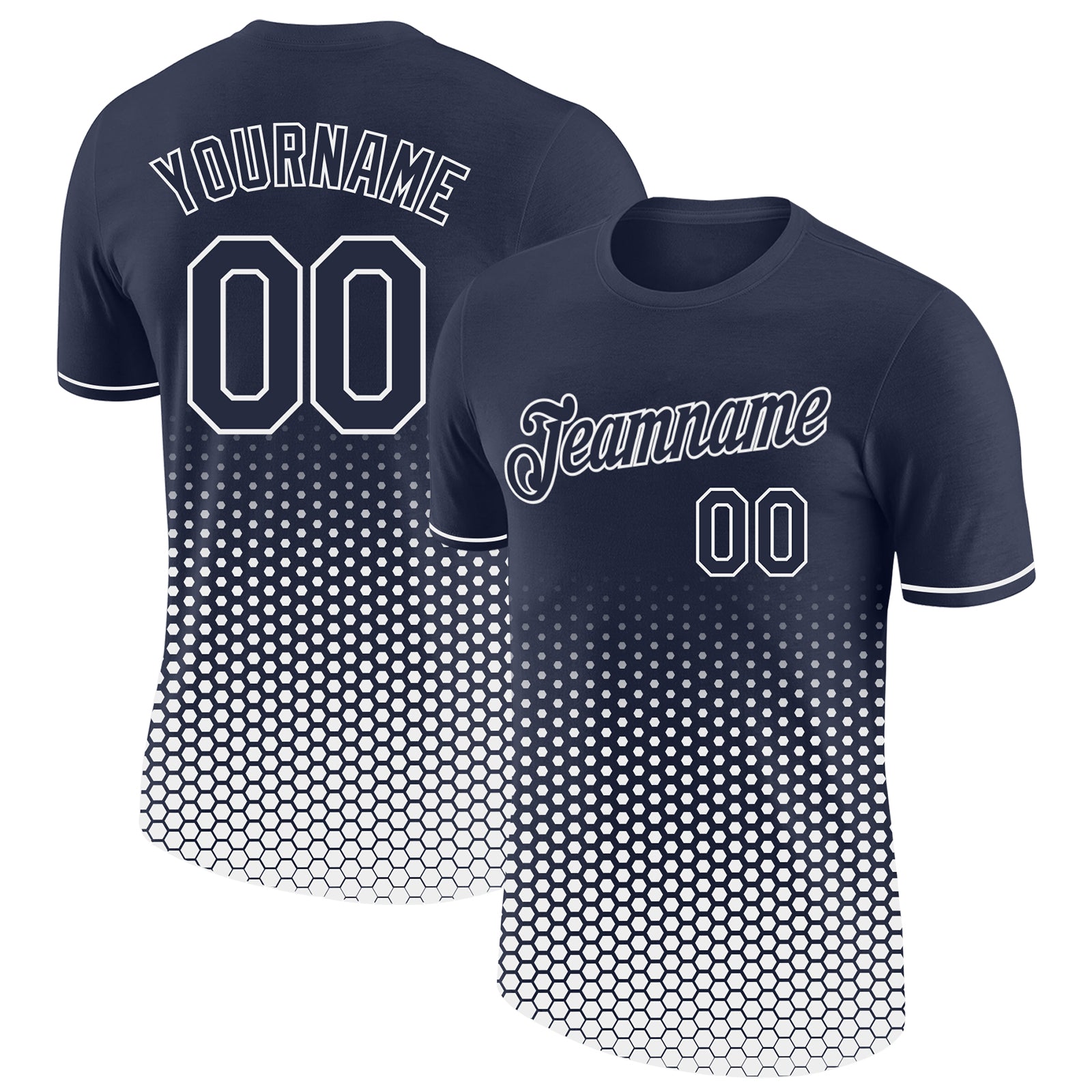 Custom Navy-White Geometric Hexagonal Dot Gradient Performance T-Shirt