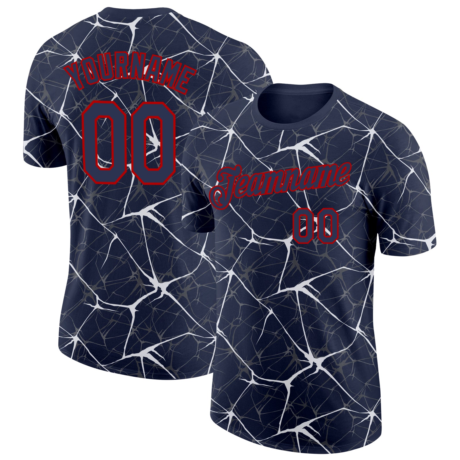 Custom Navy White Gray-Red Abstract Network Crackle Performance T-Shirt