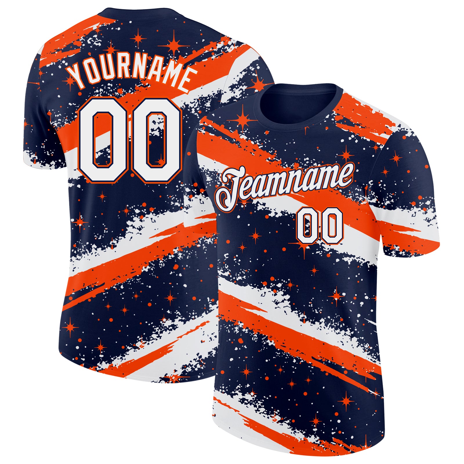Custom Navy White-Orange Brush Stroke Splatter Starburst Performance T-Shirt
