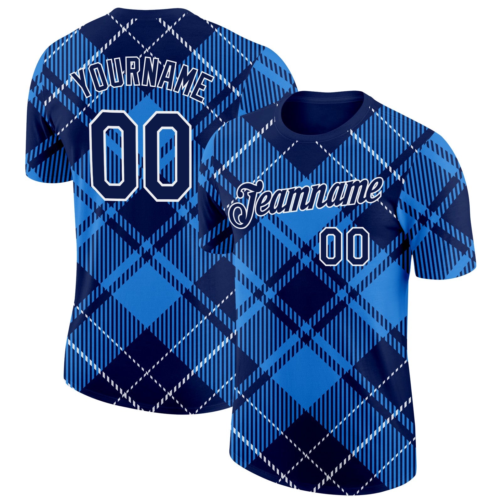 Custom Navy White-Powder Blue Scotland Plaid Performance T-Shirt