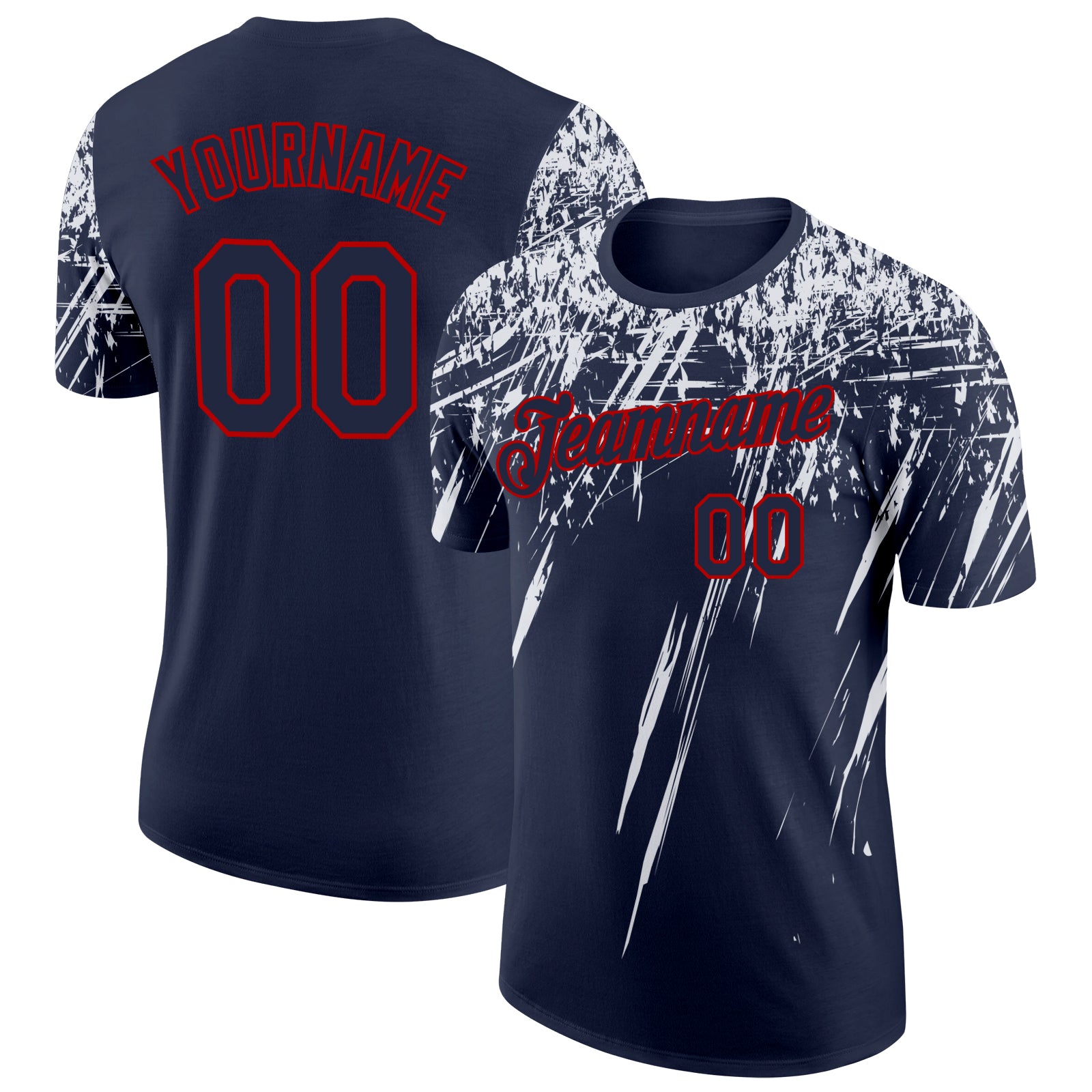 Custom Navy White-Red Distressed Scratch Brush Stroke Performance T-Shirt