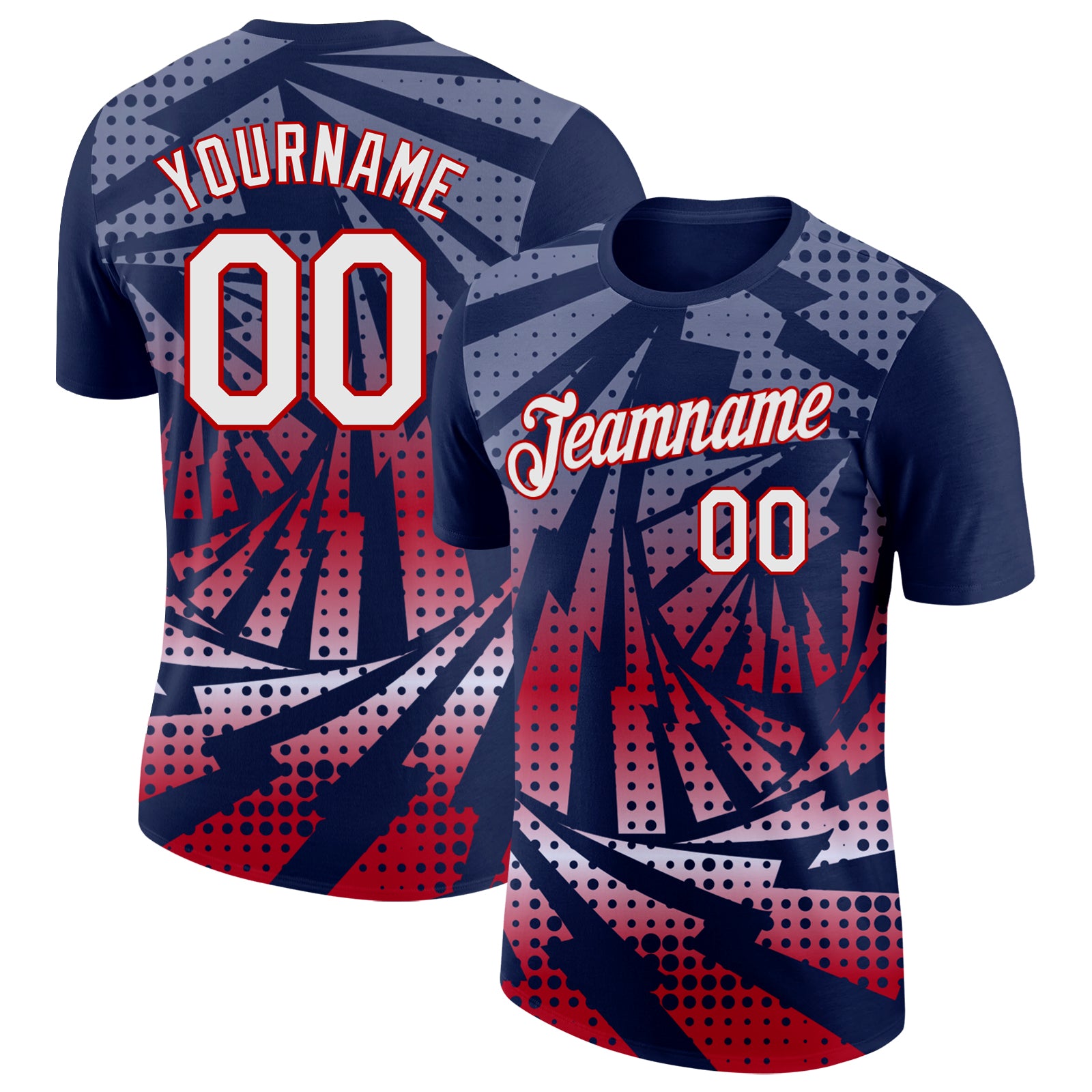 Custom Navy White-Red Lightning Gradient Dot Performance T-Shirt