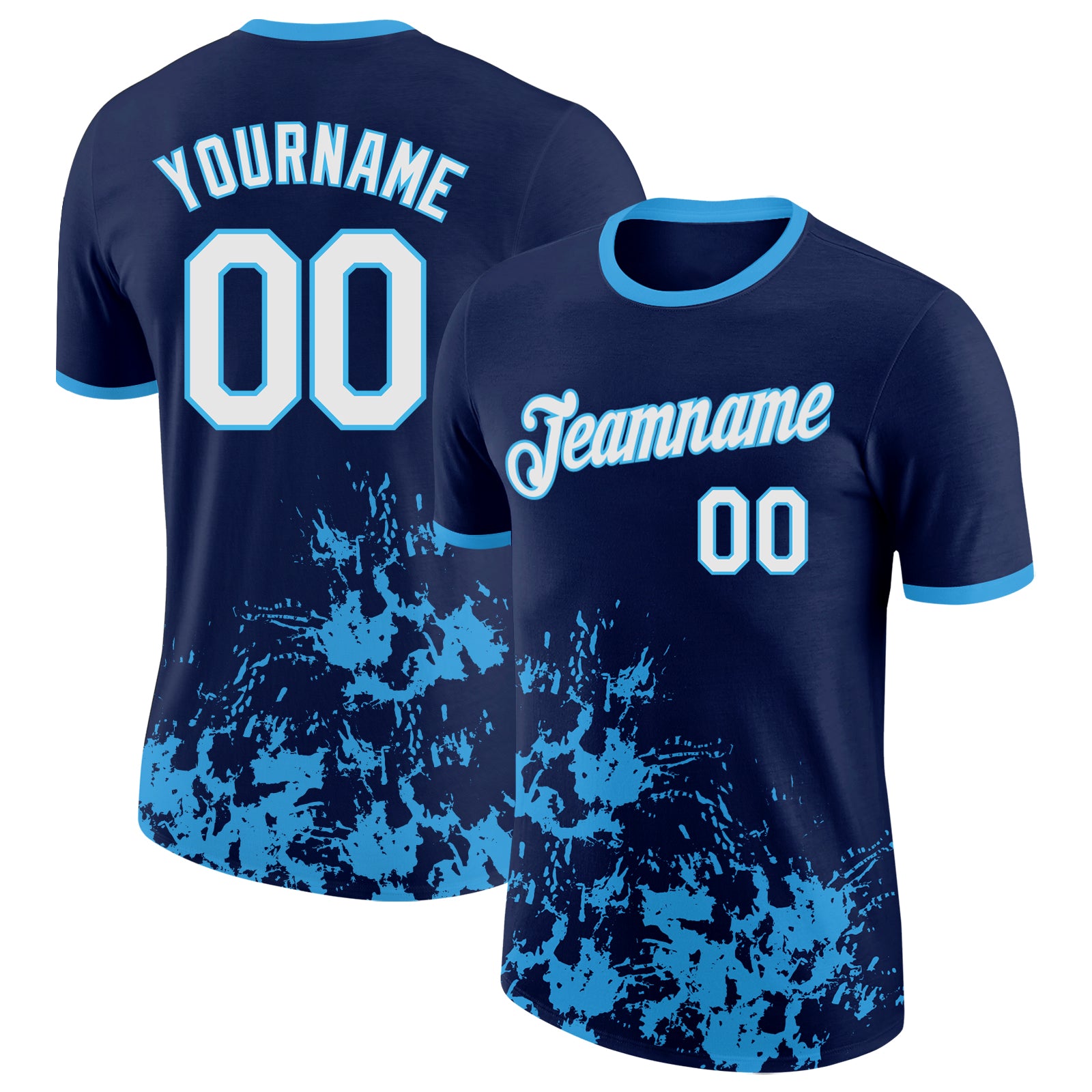 Custom Navy White-Sky Blue Brush Stroke Splatter Performance T-Shirt