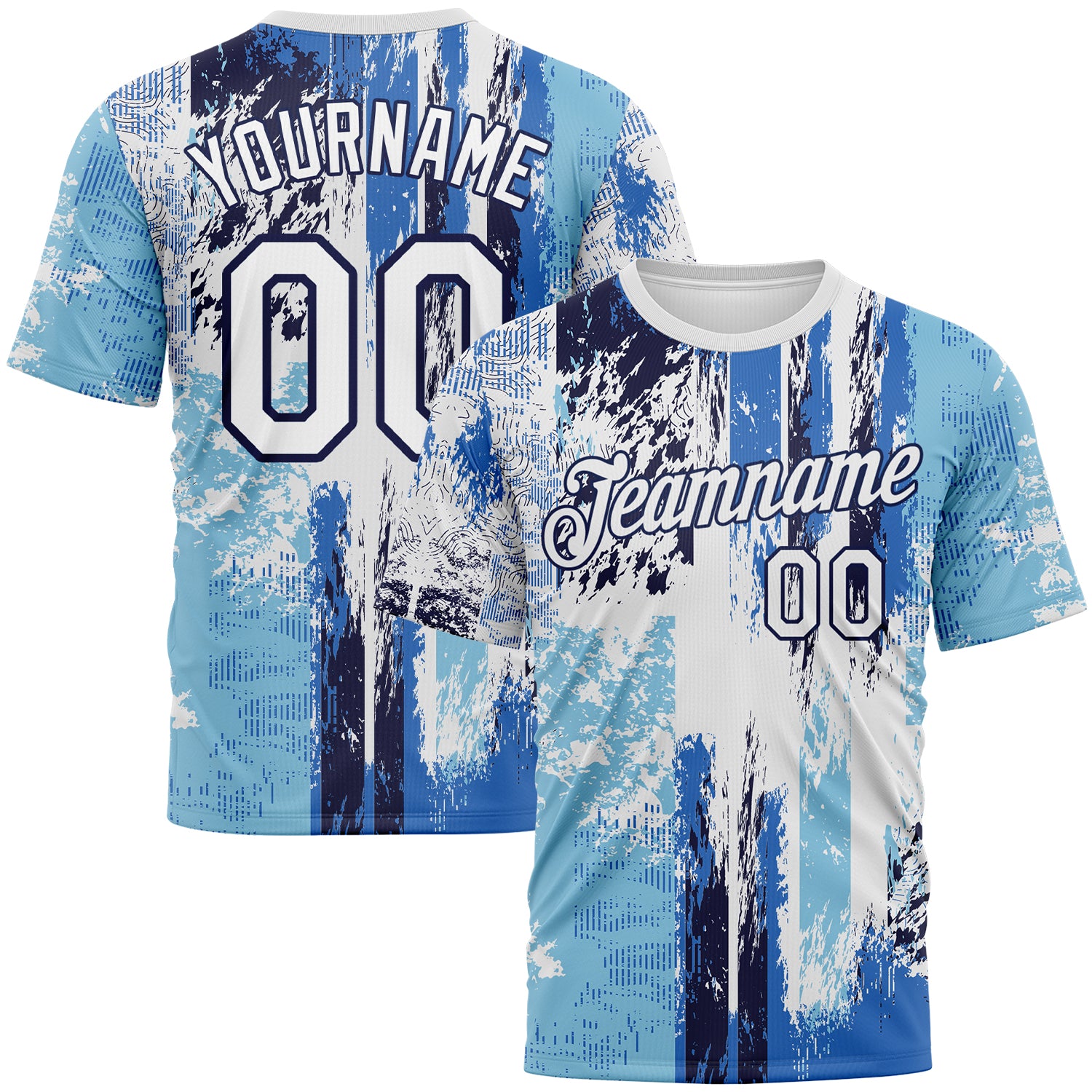 Custom Navy White Sky Blue-Light Blue 3D Pattern Concept Grunge Fantasy Performance T-Shirt