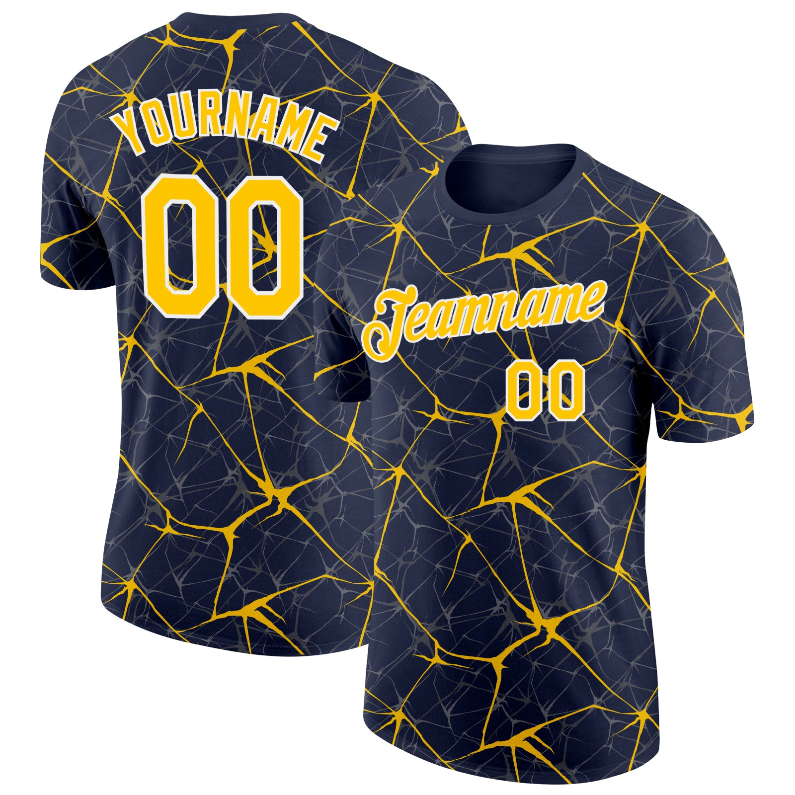 Custom Navy Yellow Gray-White Abstract Network Crackle Performance T-Shirt