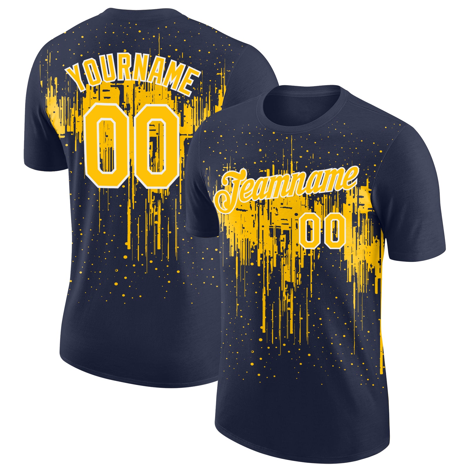 Custom Navy Yellow-White Dripping Splatter Paint Performance T-Shirt