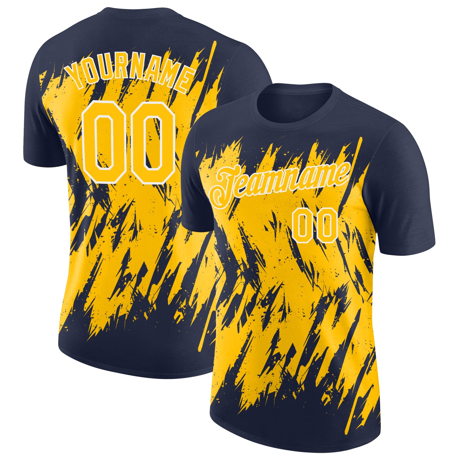Custom Navy Yellow-White Torn Sharp Brush Stroke Splatter Performance T-Shirt
