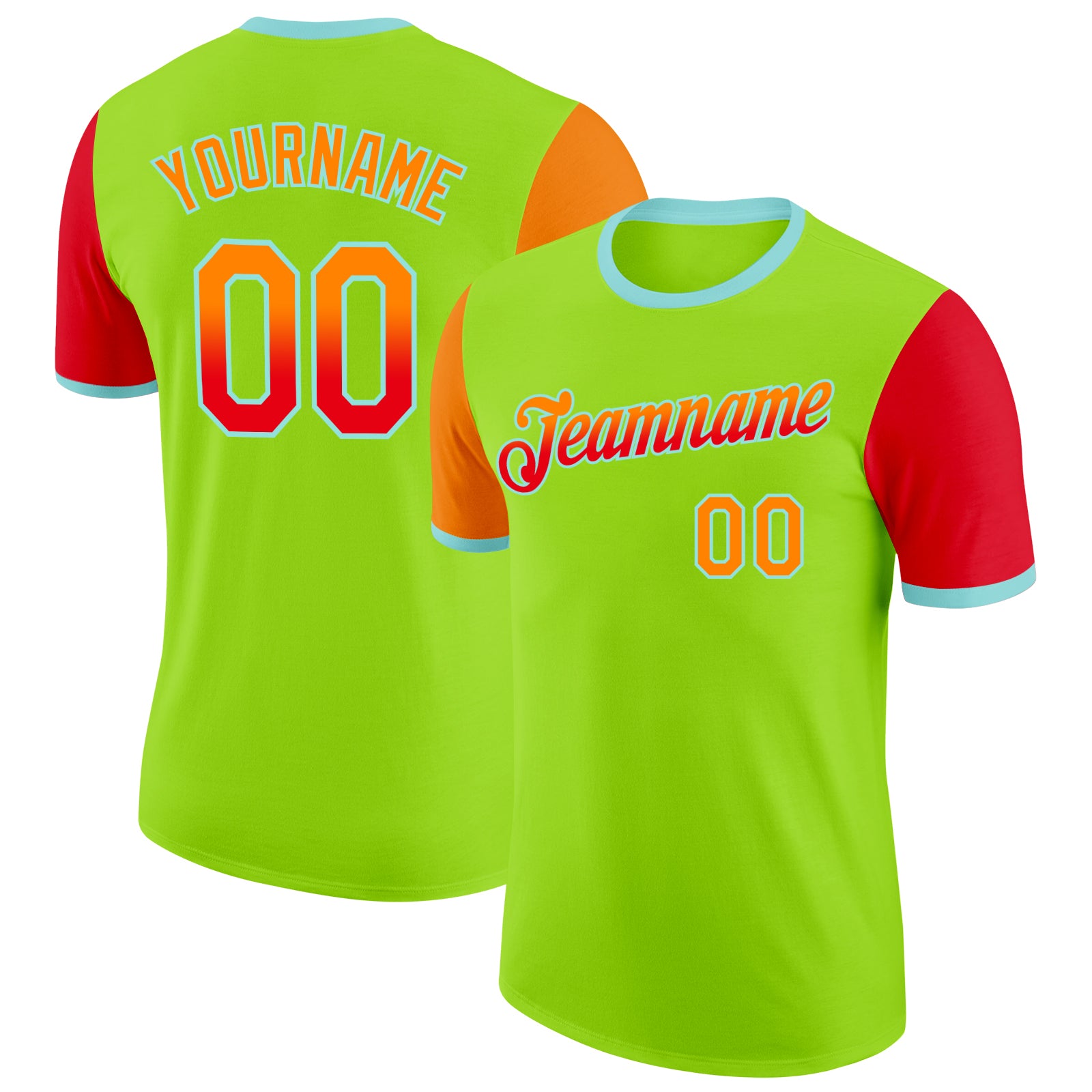 Custom Neon Green Bay Orange Fire Red-Ice Blue Gradient Two Tone Performance T-Shirt