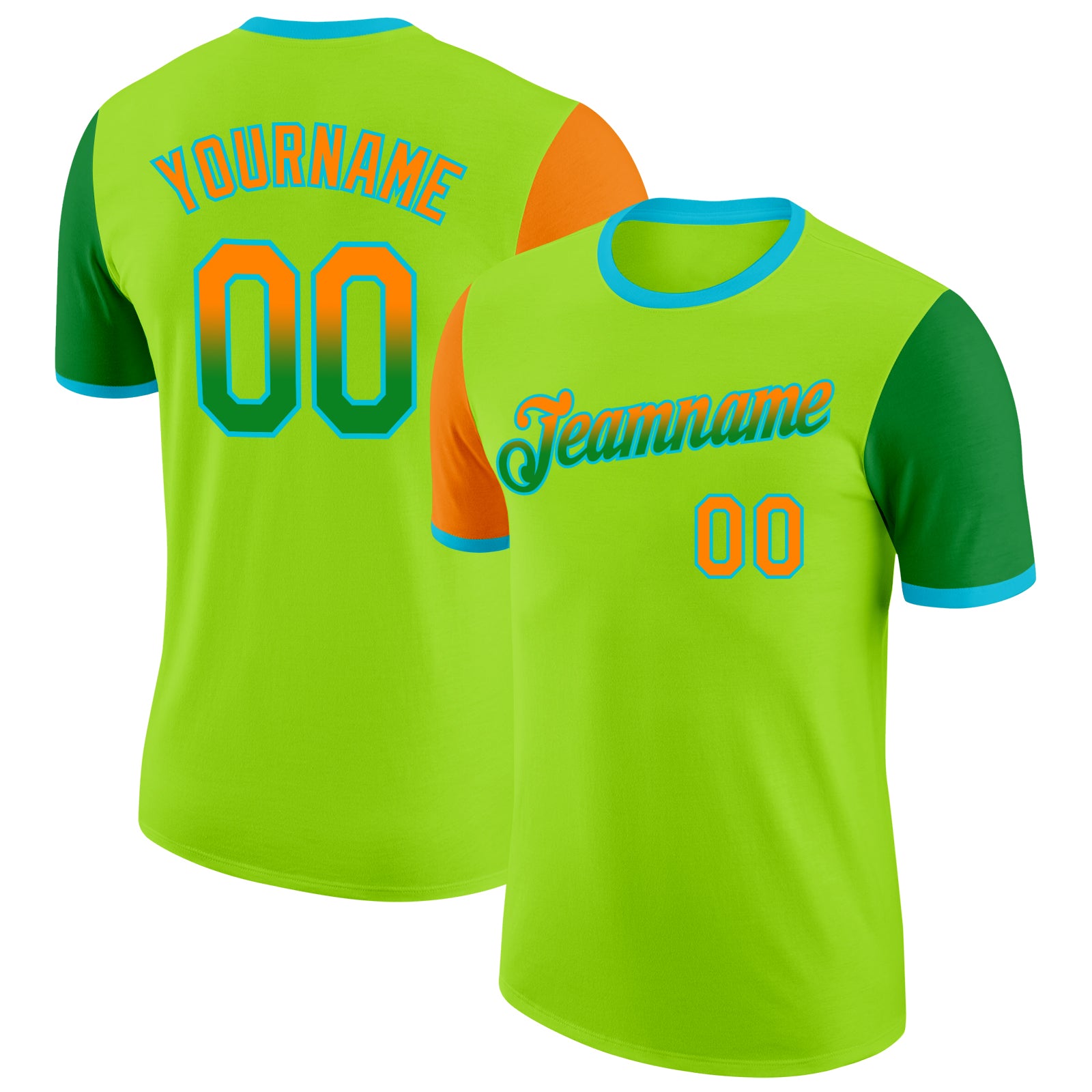 Custom Neon Green Bay Orange Grass Green-Lakes Blue Gradient Two Tone Performance T-Shirt