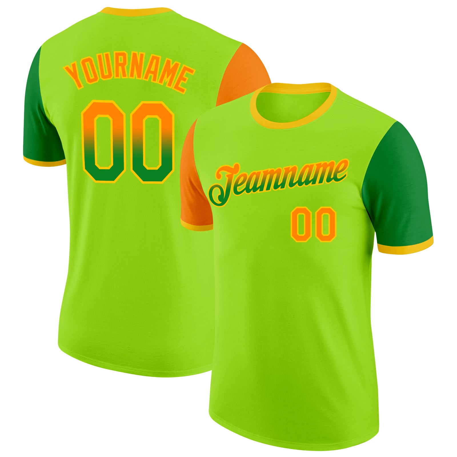 Custom Neon Green Bay Orange Grass Green-Yellow Gradient Two Tone Performance T-Shirt