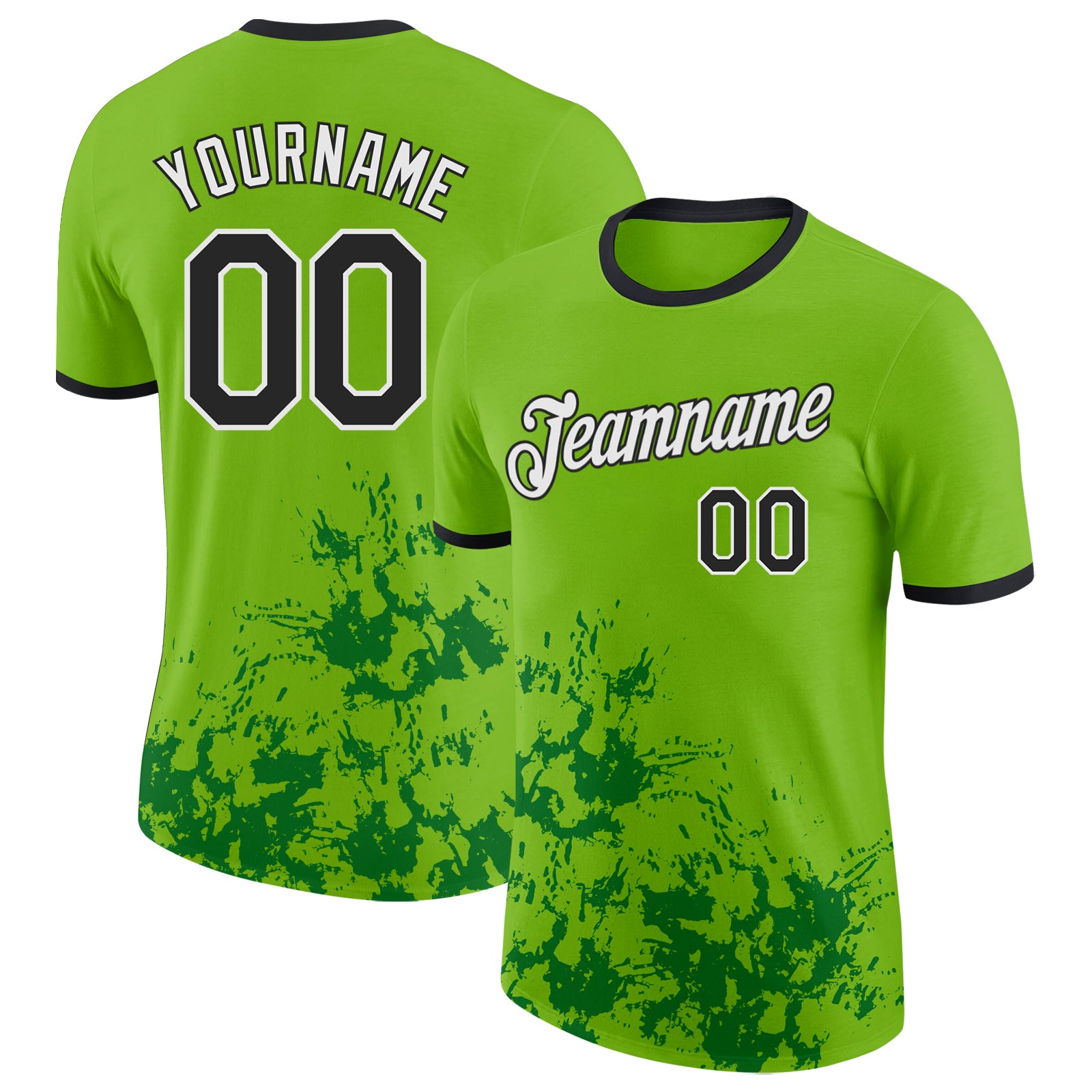 Custom Neon Green Black Grass Green-White Brush Stroke Splatter Performance T-Shirt