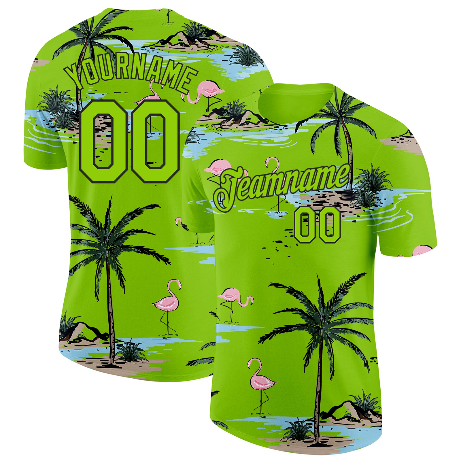 Custom Neon Green-Black Tropical Hawaii Palm Trees Summer Beach Flamingo Performance T-Shirt