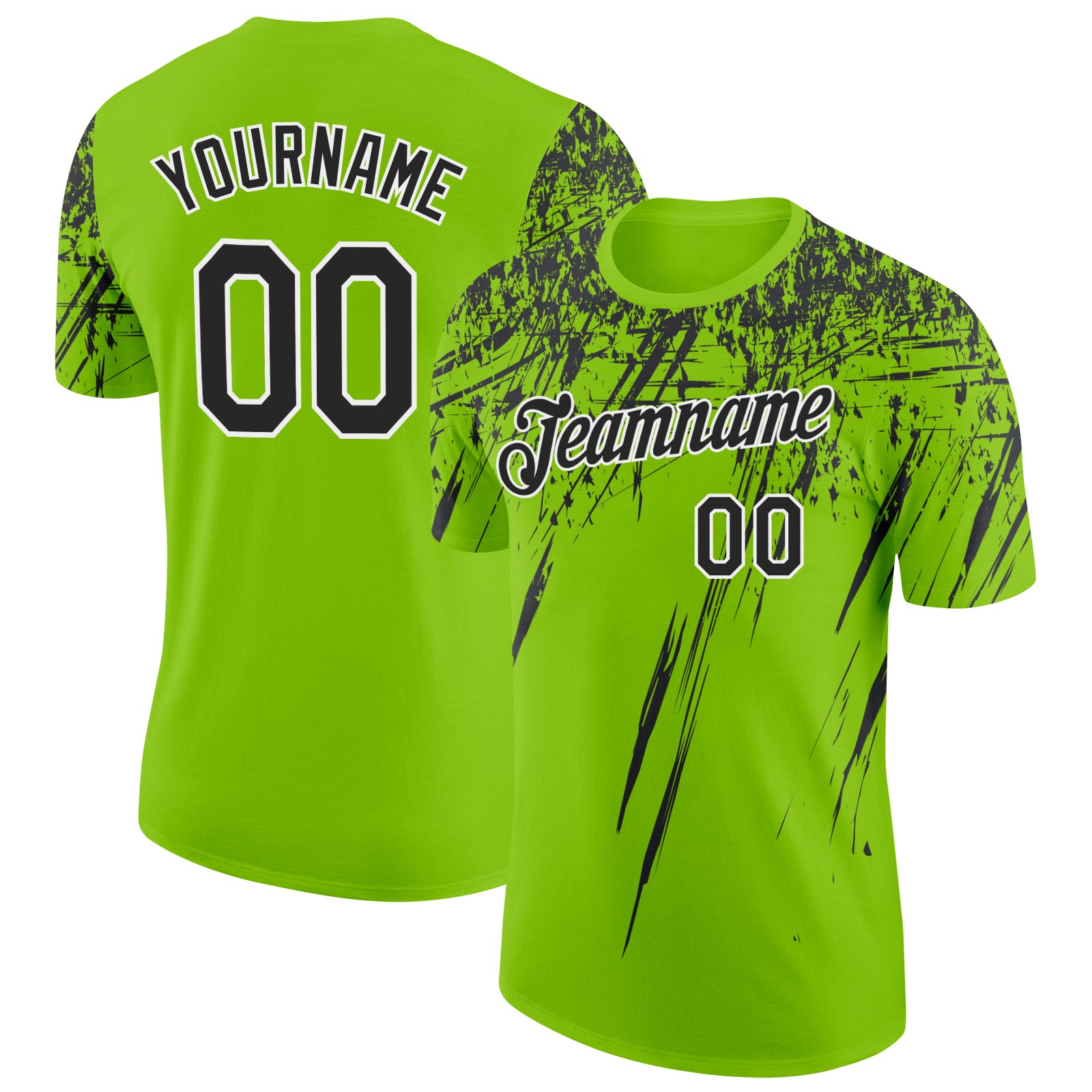 Custom Neon Green Black-White Distressed Scratch Brush Stroke Performance T-Shirt