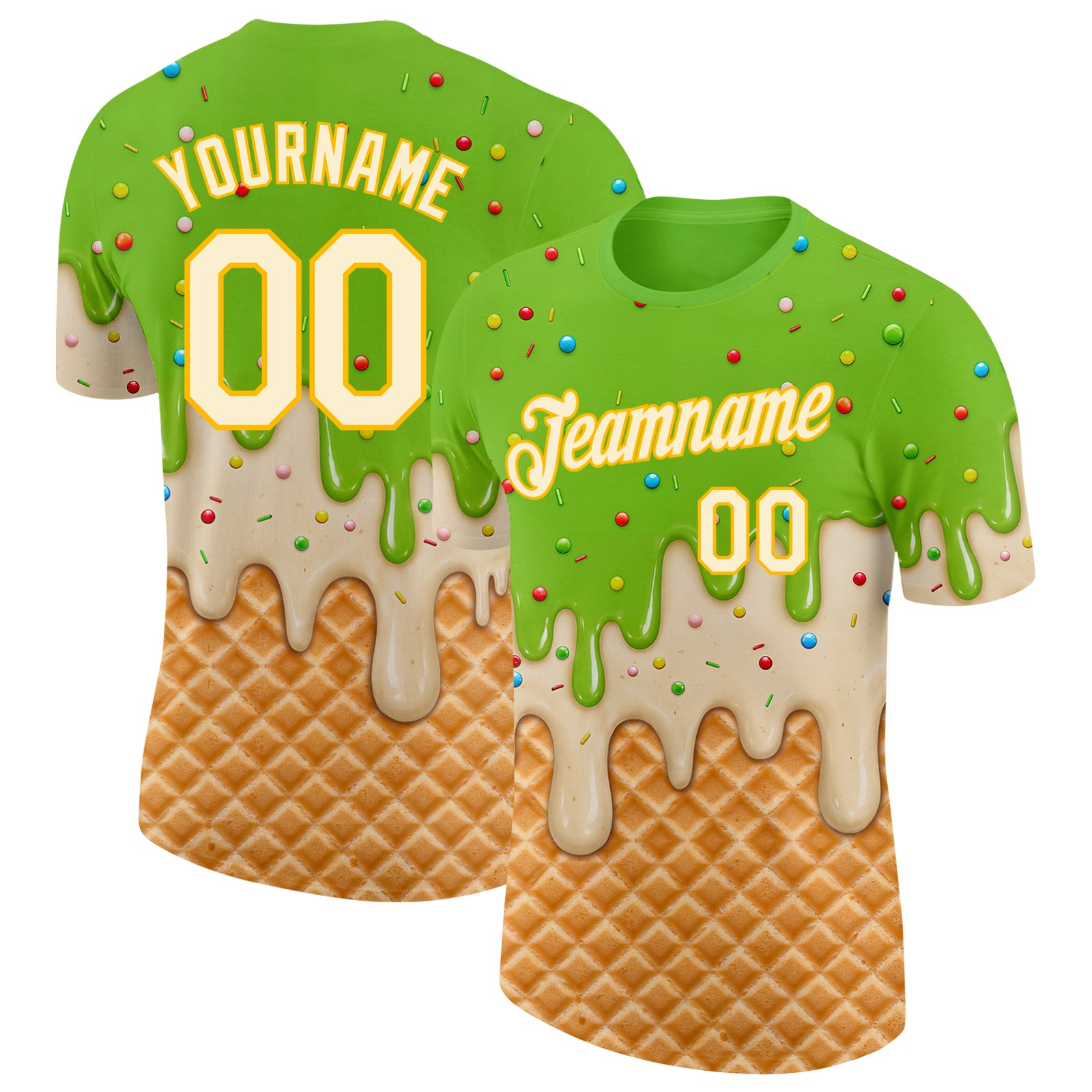 Custom Neon Green Cream-Gold Ice Cream Waffle Foodie Dessert Performance T-Shirt