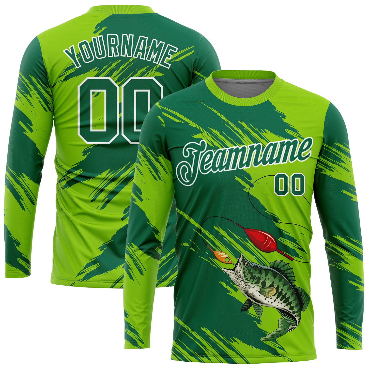 Custom Neon Green Kelly Green-White Fishing Bass Fish Long Sleeve Performance T-Shirt