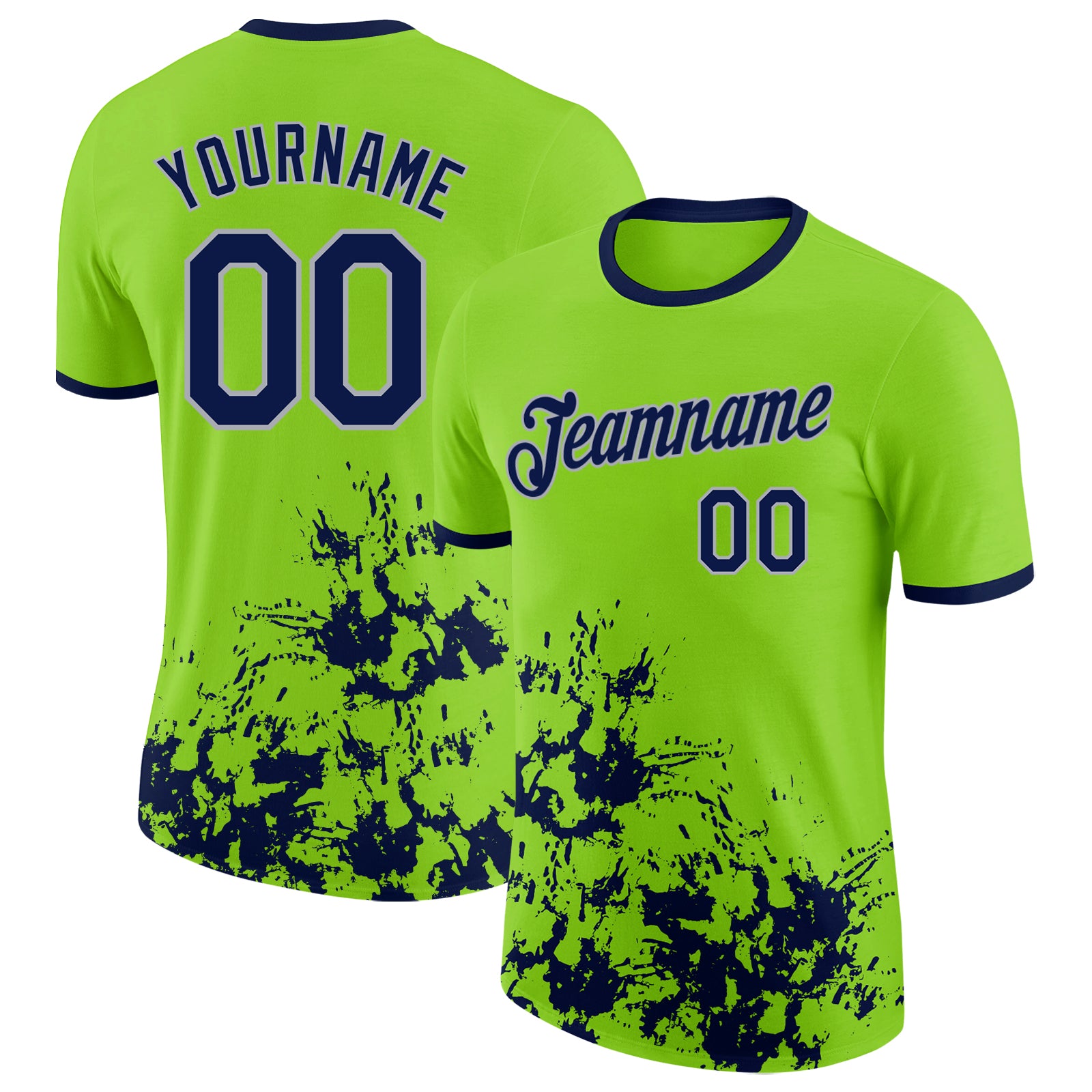 Custom Neon Green Navy-Gray Brush Stroke Splatter Performance T-Shirt