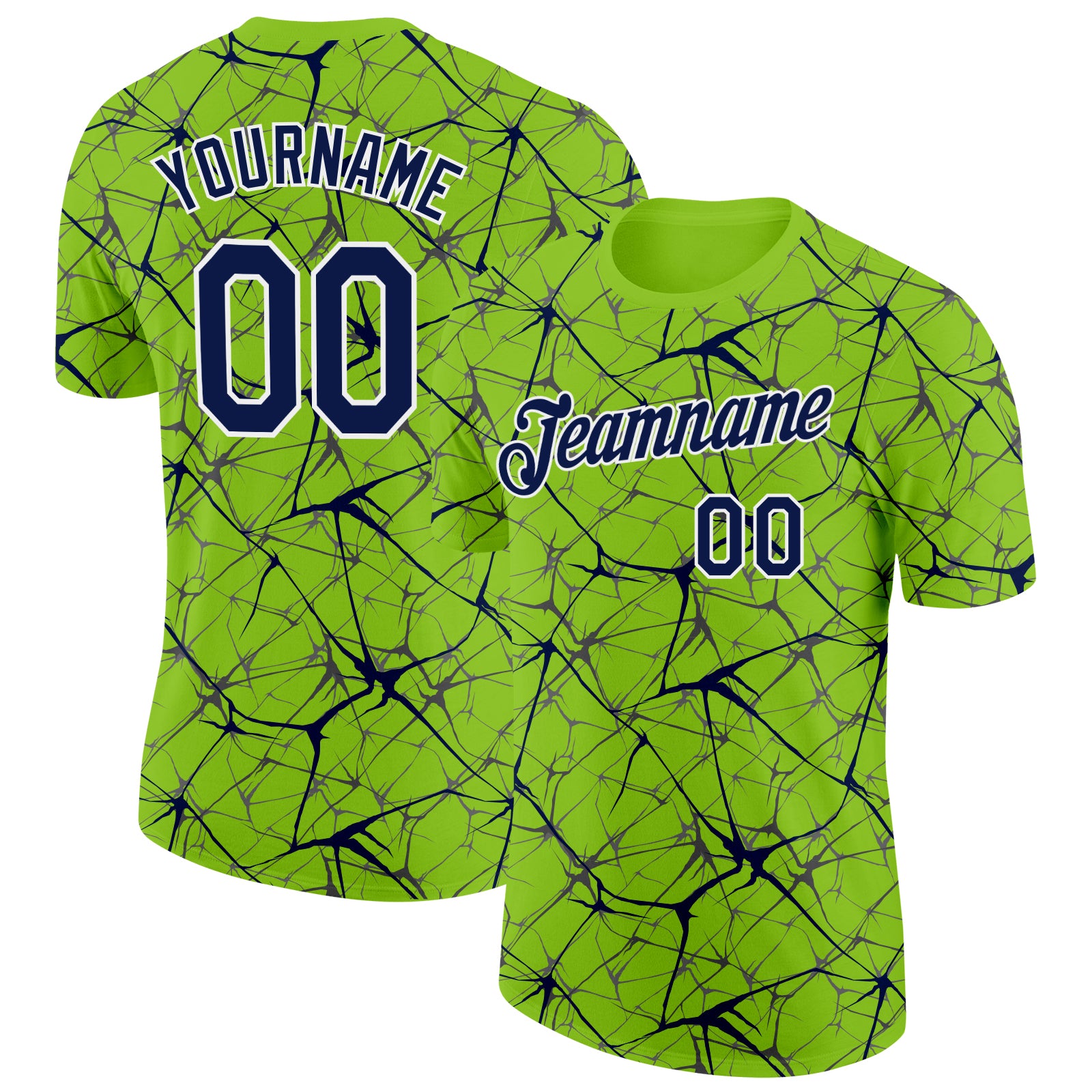Custom Neon Green Navy Gray-White Abstract Network Crackle Performance T-Shirt
