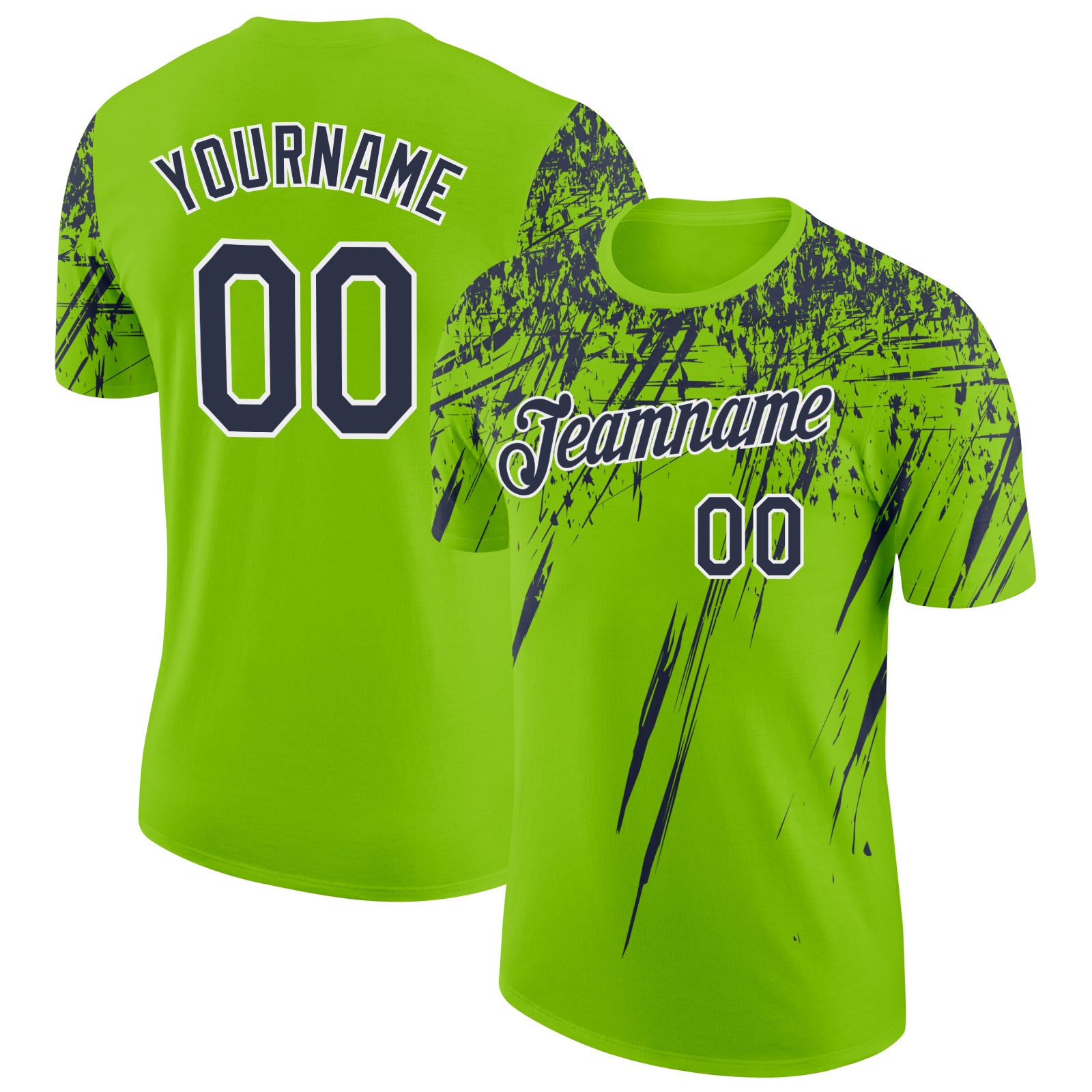 Custom Neon Green Navy-White Distressed Scratch Brush Stroke Performance T-Shirt