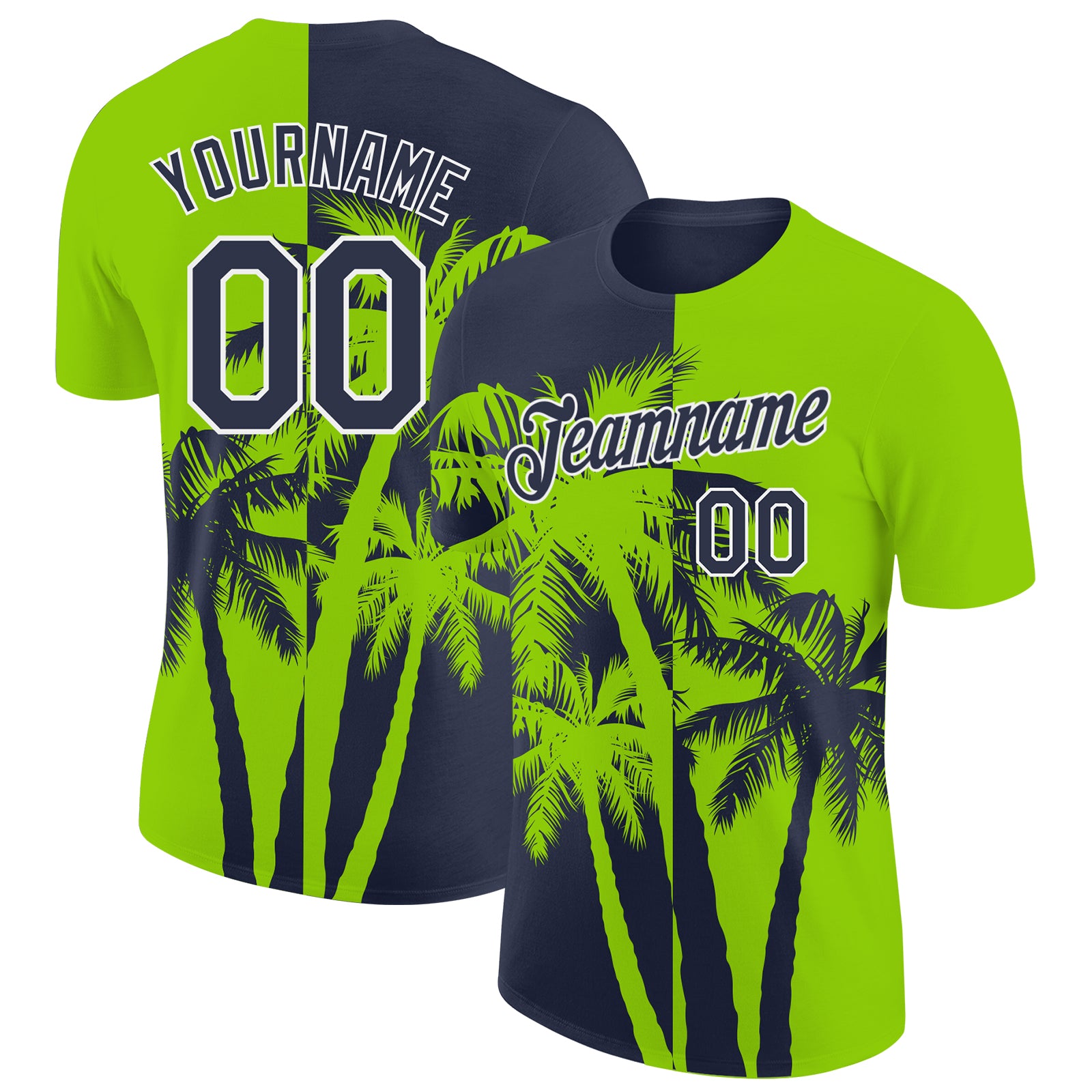 Custom Neon Green Navy-White Hawaii Tropical Coastal Palm Trees Performance T-Shirt