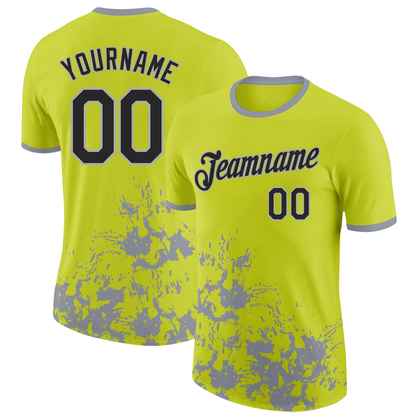 Custom Neon Yellow Black-Gray Brush Stroke Splatter Performance T-Shirt