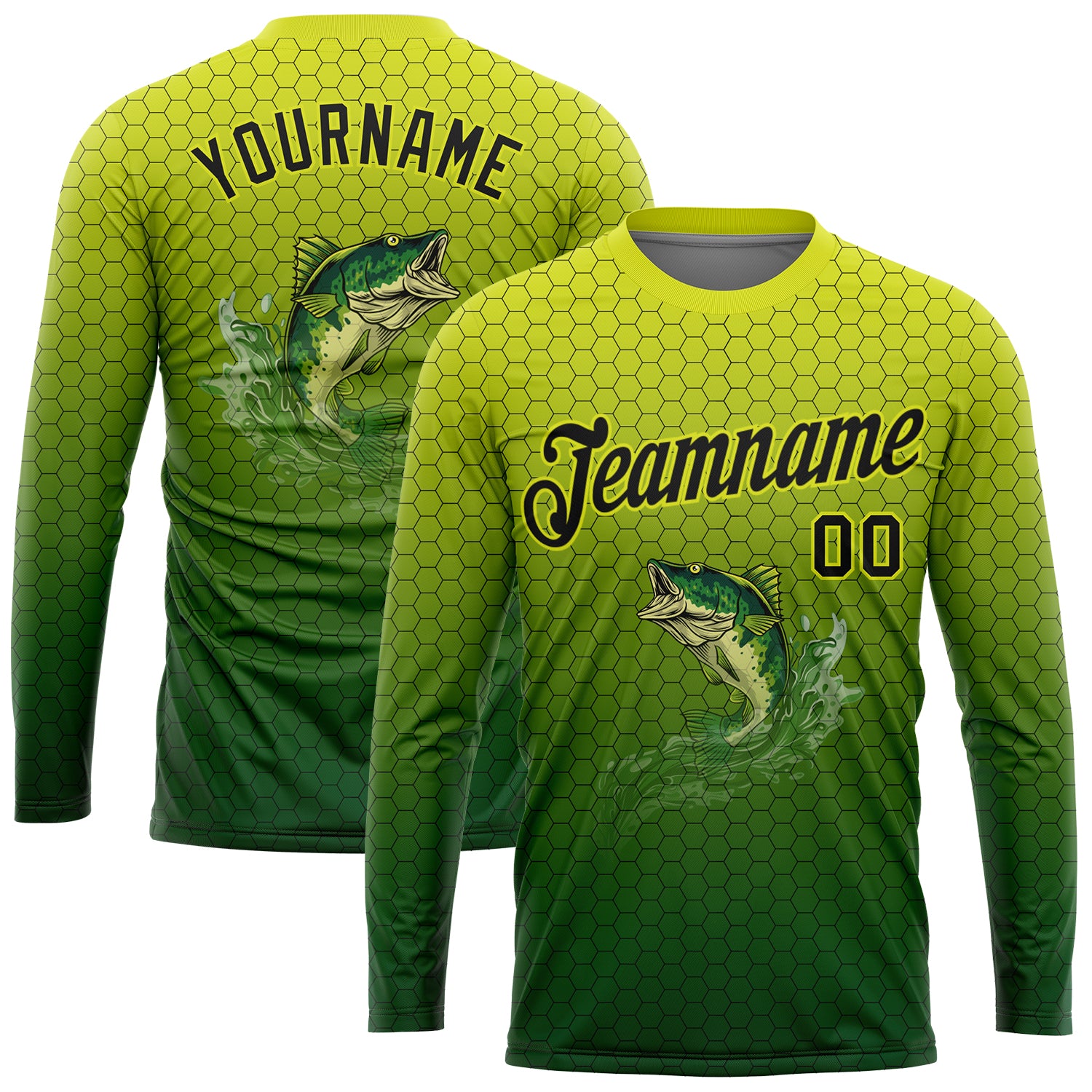 Custom Neon Yellow Black-Green Fishing Bass Fish Gradient Long Sleeve Performance T-Shirt