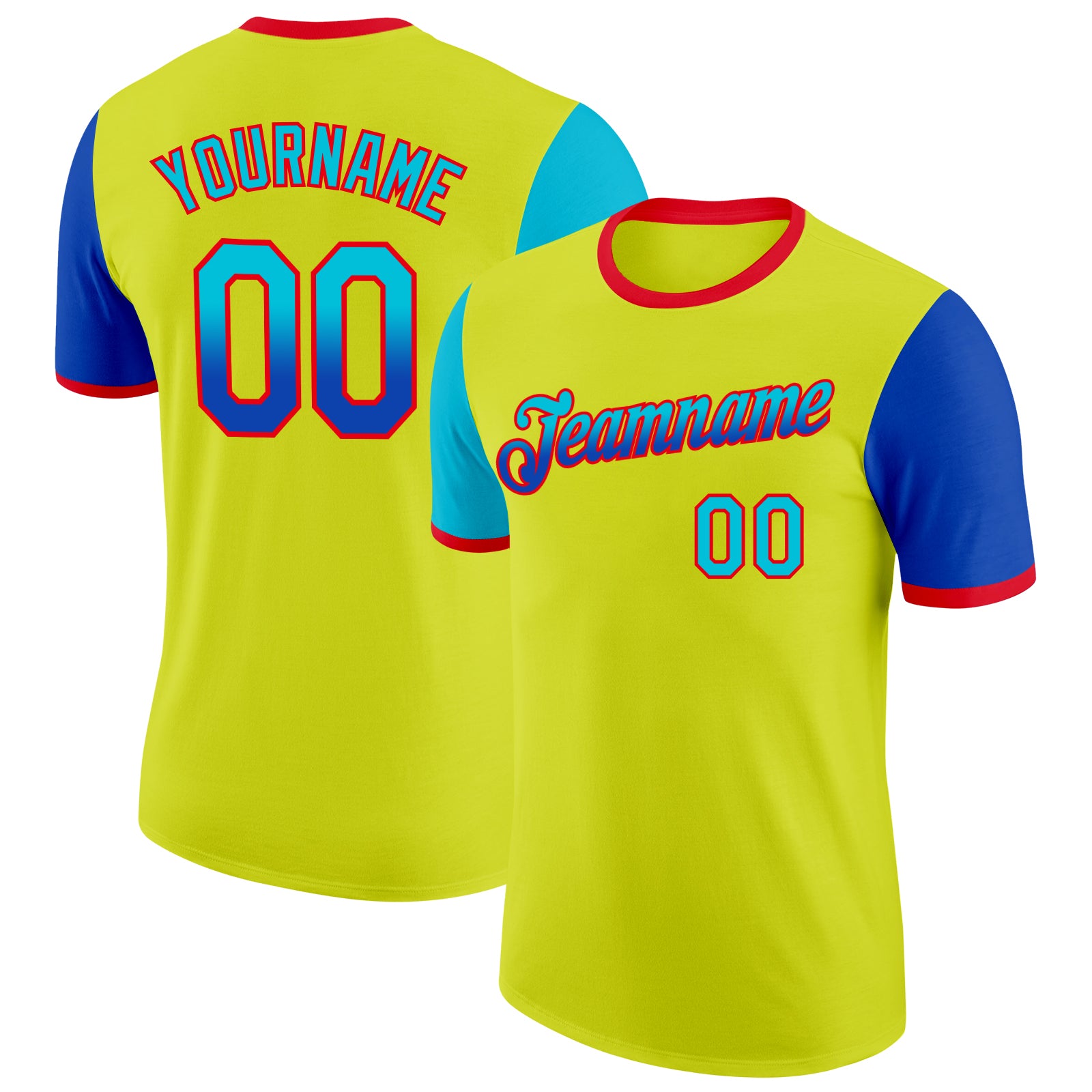 Custom Neon Yellow Lakes Blue Thunder Blue-Fire Red Gradient Two Tone Performance T-Shirt