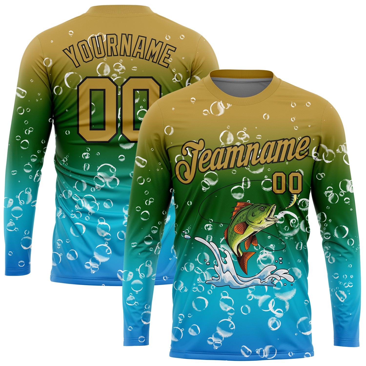 Custom Old Gold Green Lakes Blue-Black Fishing Bass Fish Long Sleeve Performance T-Shirt