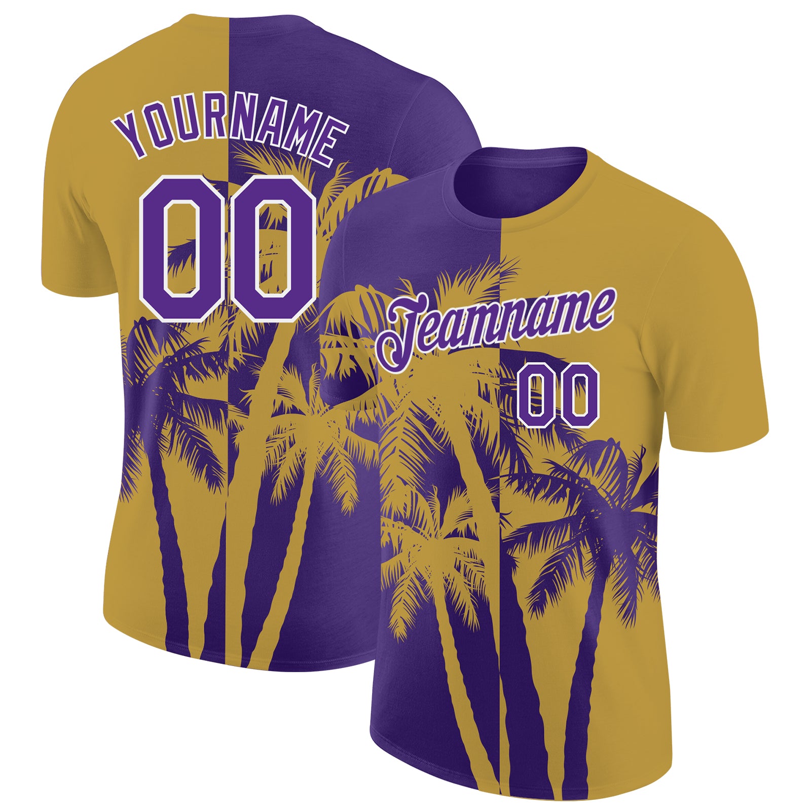 Custom Old Gold Purple-White Hawaii Tropical Coastal Palm Trees Performance T-Shirt