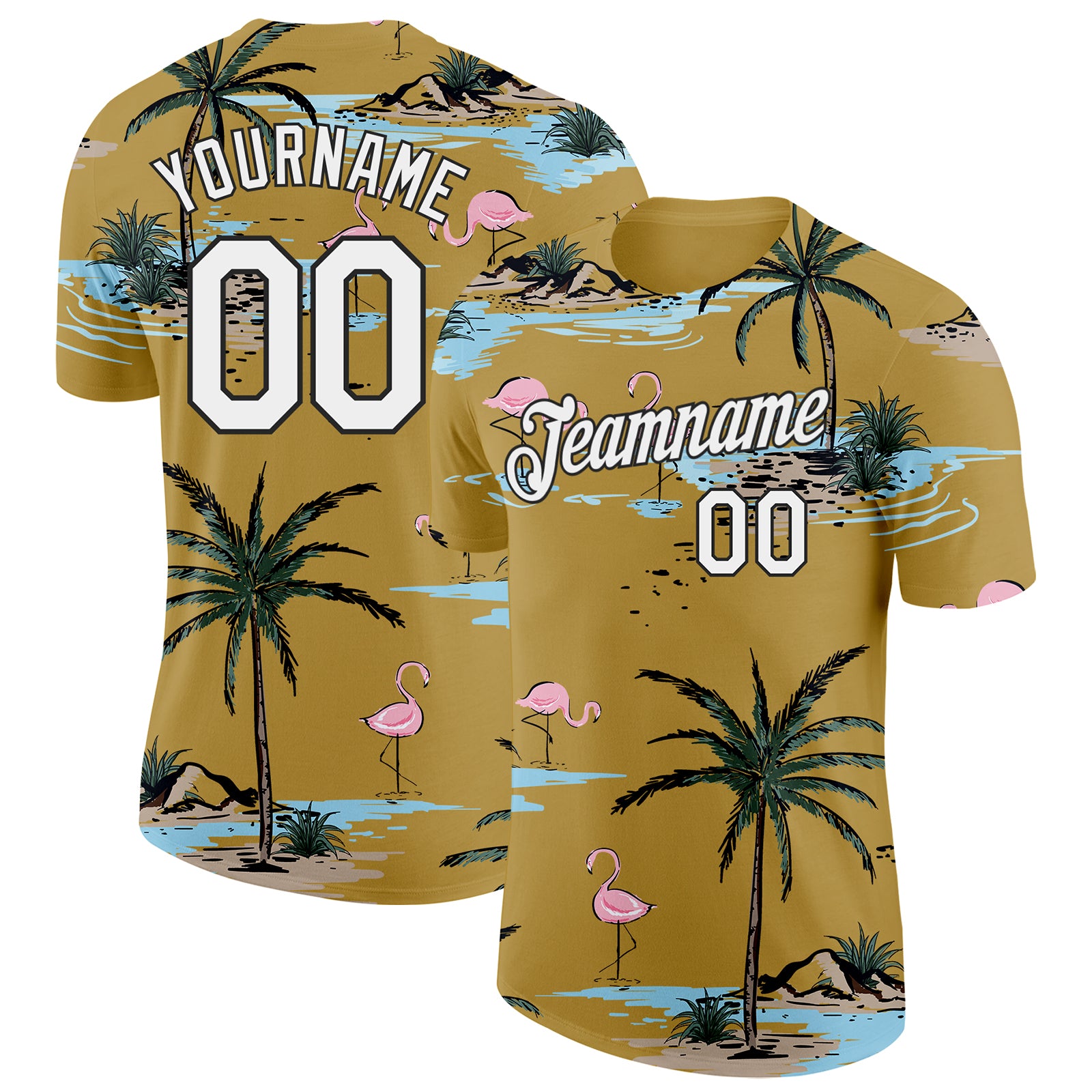 Custom Old Gold White-Black Tropical Hawaii Palm Trees Summer Beach Flamingo Performance T-Shirt