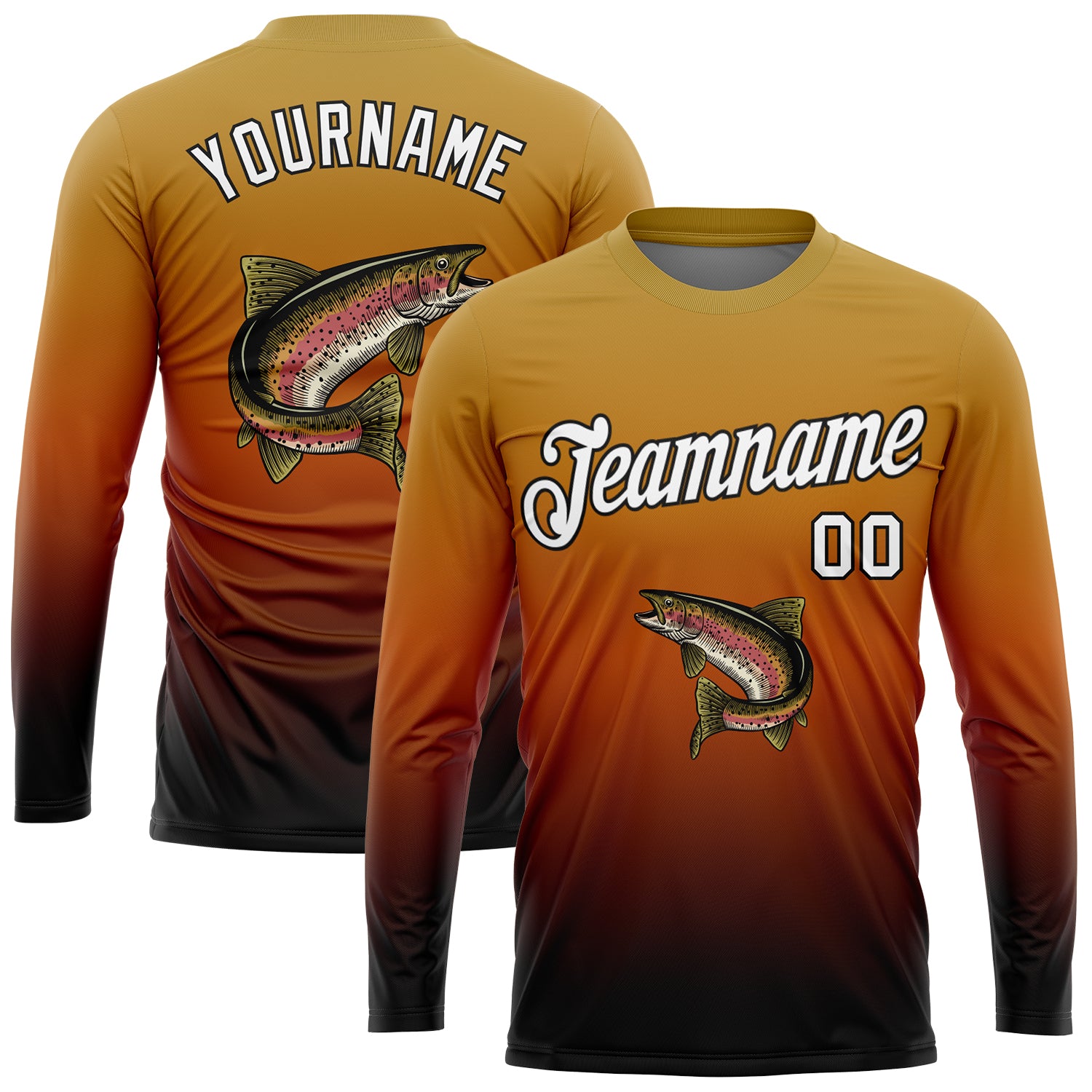 Custom Old Gold White Orange-Black Fishing Rainbow Trout Fish Gradient Long Sleeve Performance T-Shirt