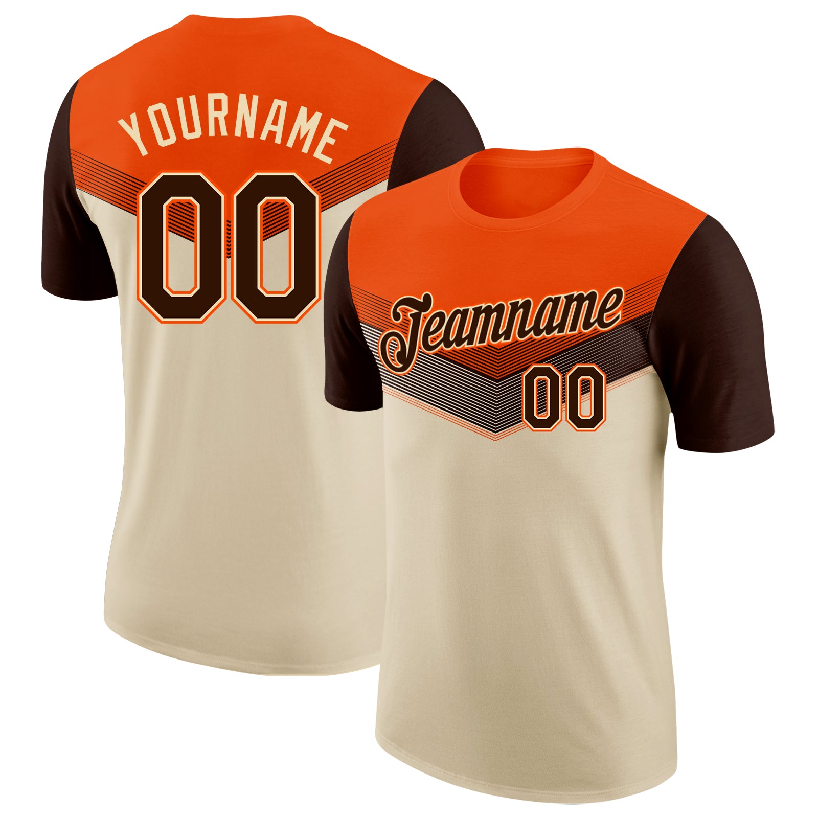 Custom Orange Brown-Cream Geometric V-Lines Color Block Performance T-Shirt