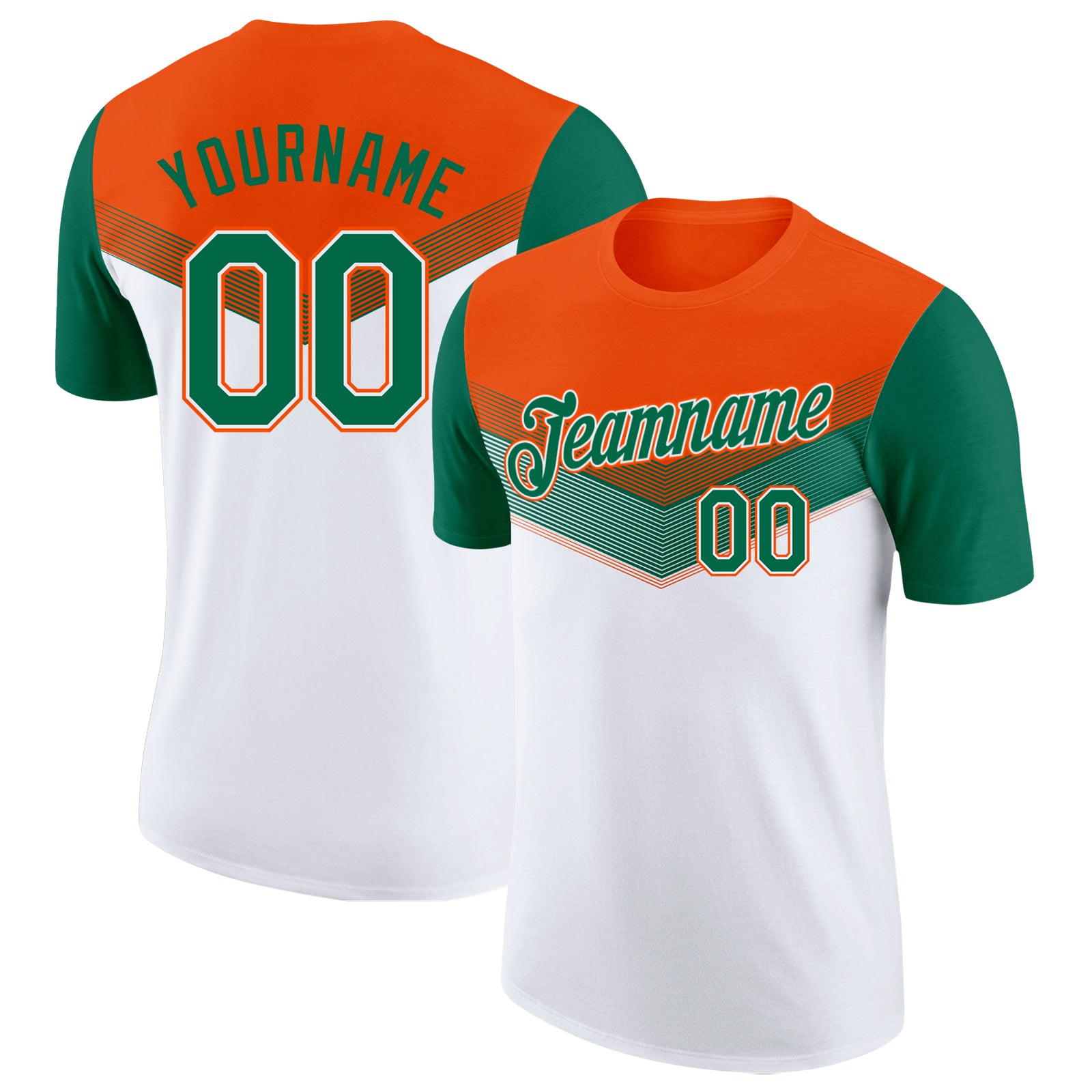 Custom Orange Kelly Green-White Geometric V-Lines Color Block Performance T-Shirt