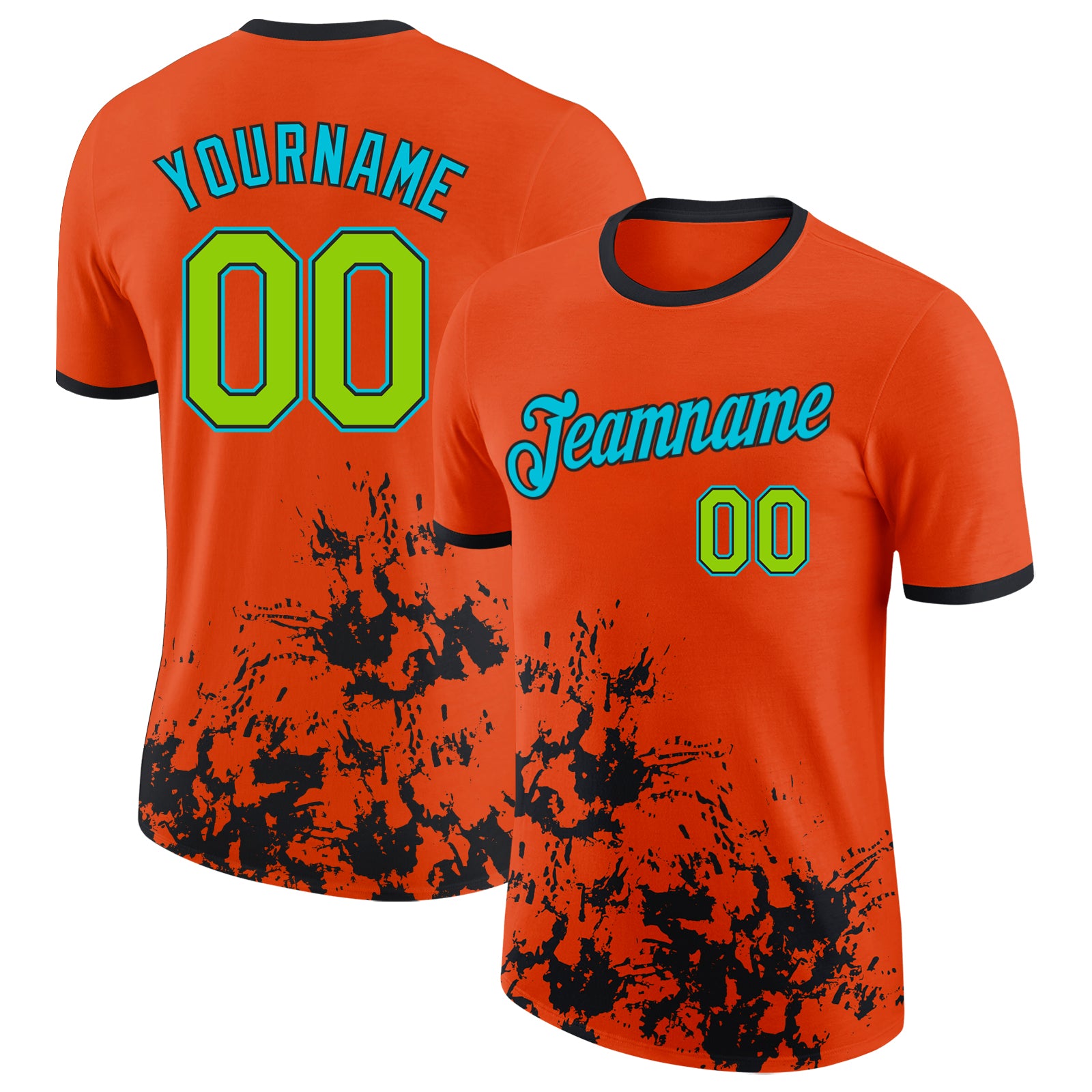 Custom Orange Neon Green Black-Lakes Blue Brush Stroke Splatter Performance T-Shirt