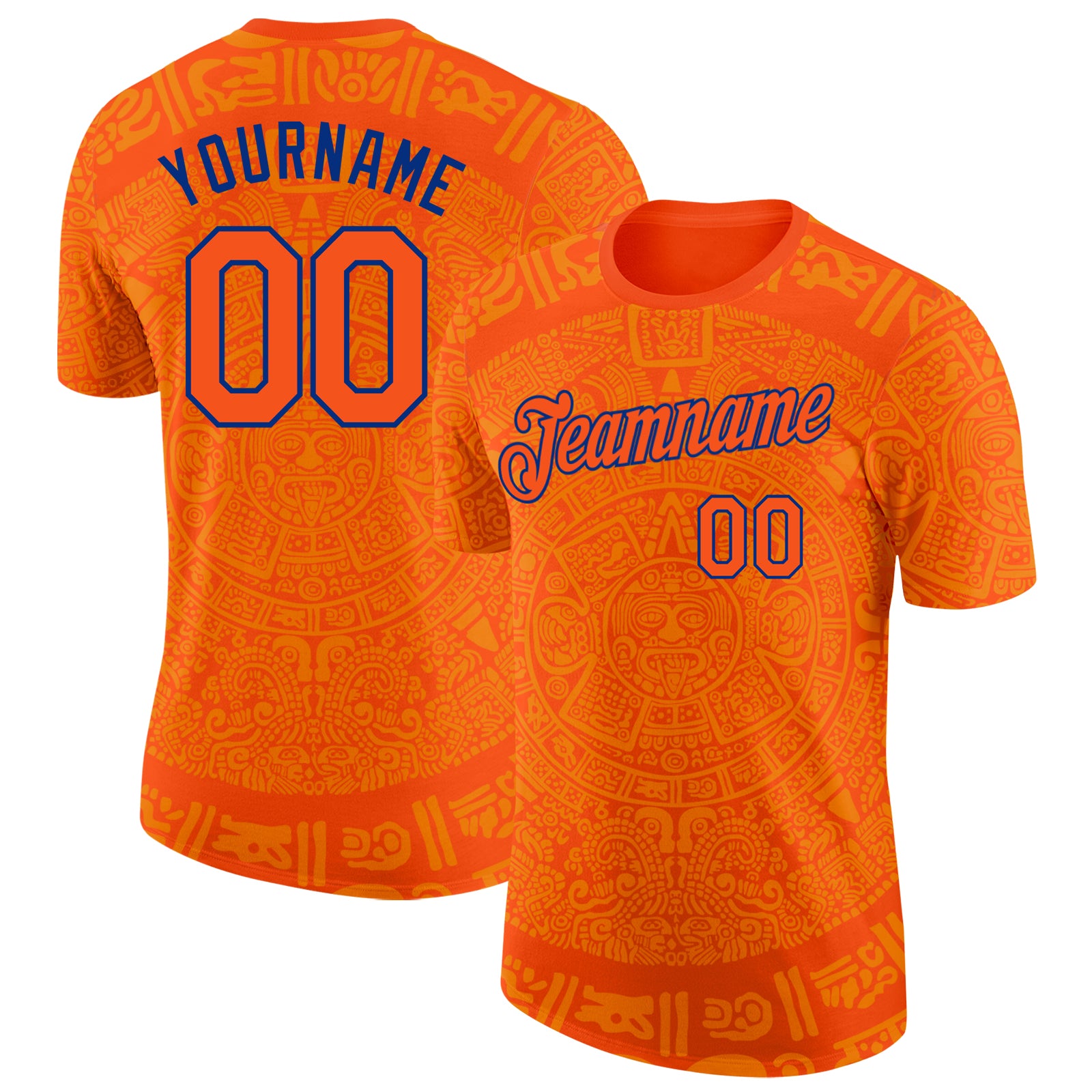 Custom Orange-Royal Tribal Ethnic Aztec Sun Stone 3D Pattern Performance T-Shirt