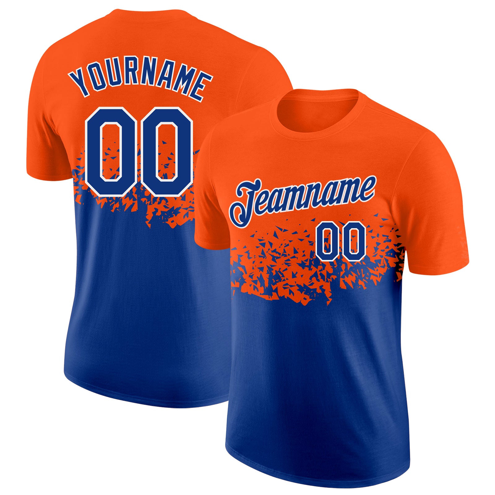 Custom Orange Royal-White Fade Geometric Splatter Fragmented Shards Performance T-Shirt