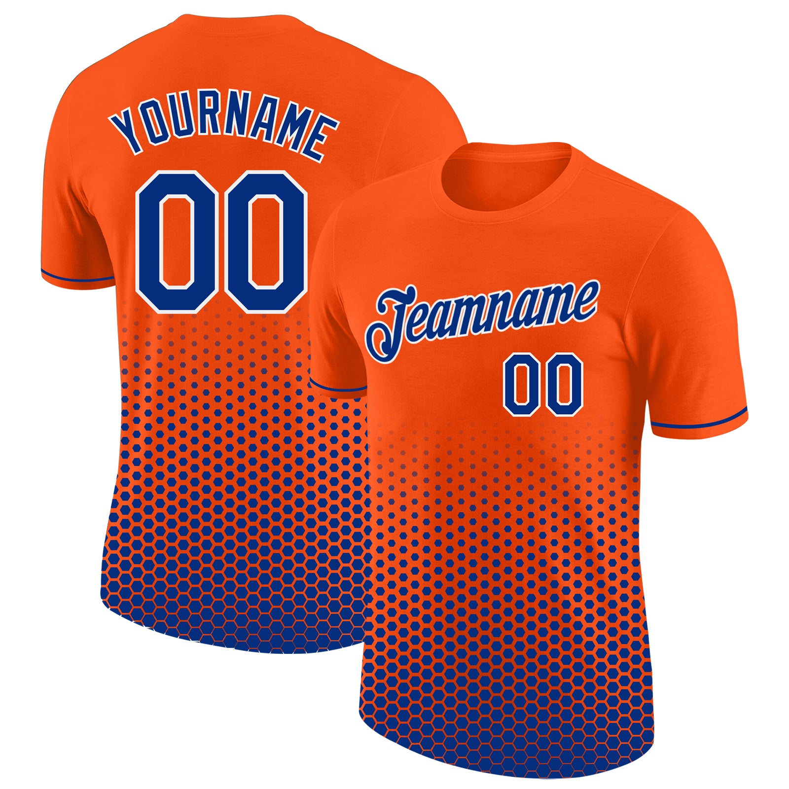 Custom Orange Royal-White Geometric Hexagonal Dot Gradient Performance T-Shirt