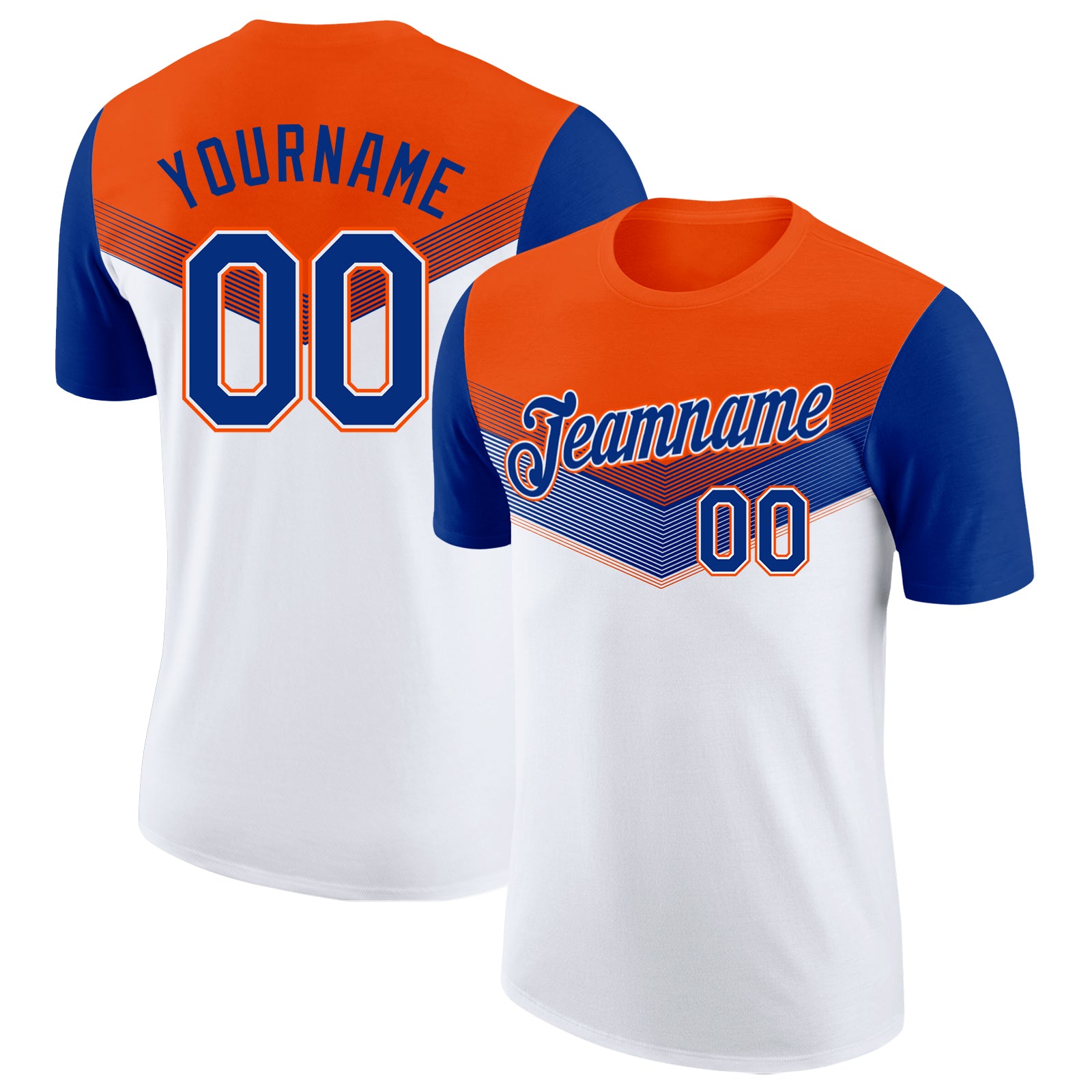Custom Orange Royal-White Geometric V-Lines Color Block Performance T-Shirt
