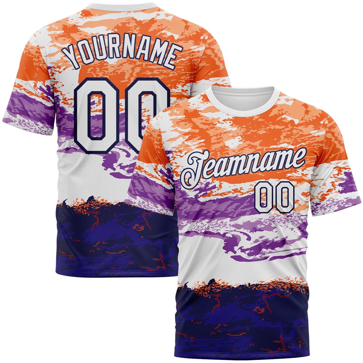 Custom Orange White Purple-Navy Distressed Abstract Paint Stroke Performance T-Shirt