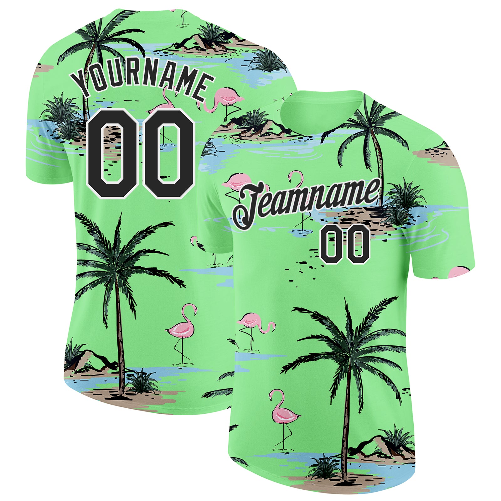 Custom Pea Green Black-White Tropical Hawaii Palm Trees Summer Beach Flamingo Performance T-Shirt